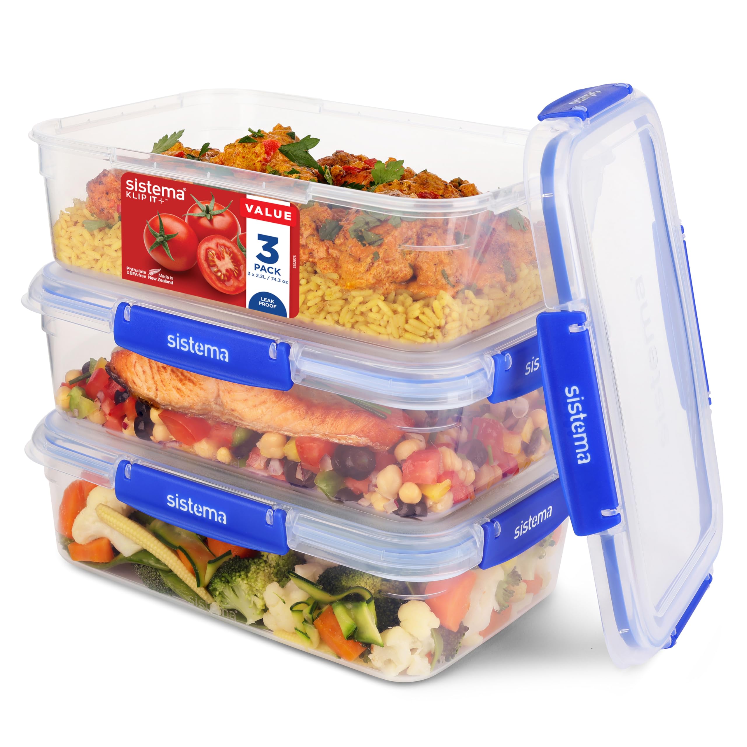 Sistema KLIP IT PLUS Leakproof Food Storage Containers | 2.2 L | Airtight, Stackable & Nestable Meal Prep Containers with Lids |