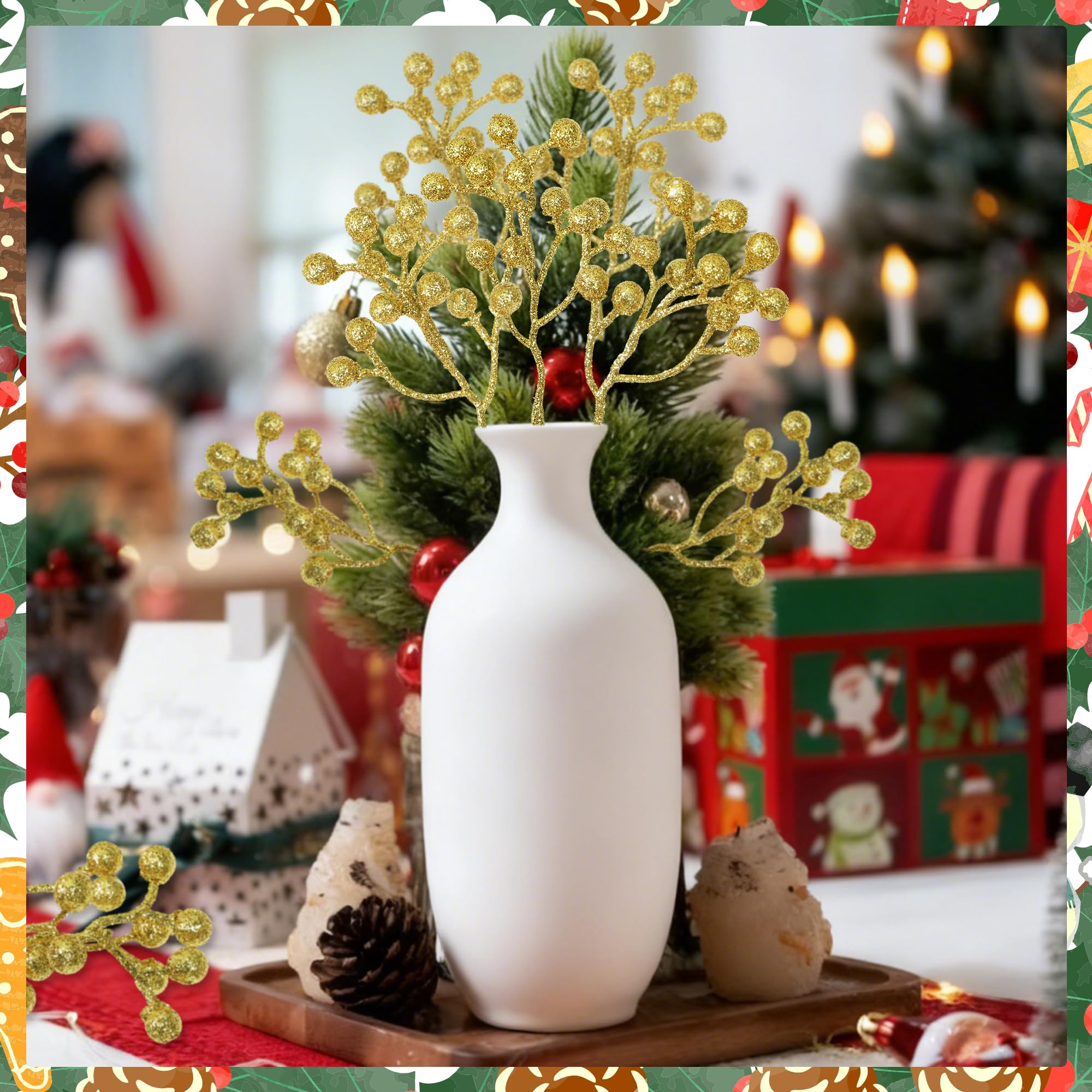 Vipay 24 PCS Christmas Tree Decorations, 7.08 in Gold Christmas Picks, Artificial Holly Berry Stems Berries Picks for DIY Flower