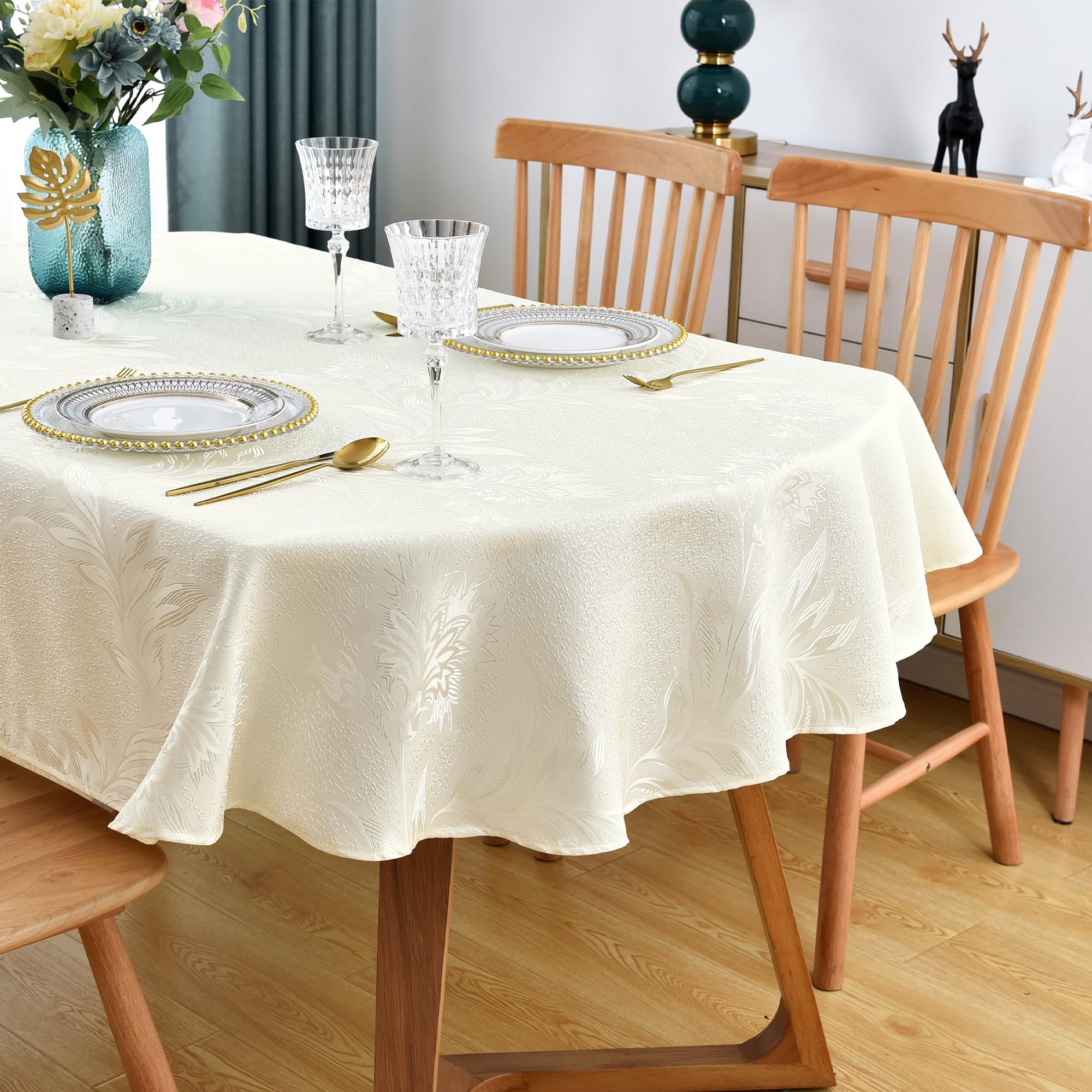 Wolkemer Shiny Oval Jacquard Tablecloth 60 X 84 Inch Light Yellow Floral Countryside Leaves Damask Patterns Table Cloth Glossy F