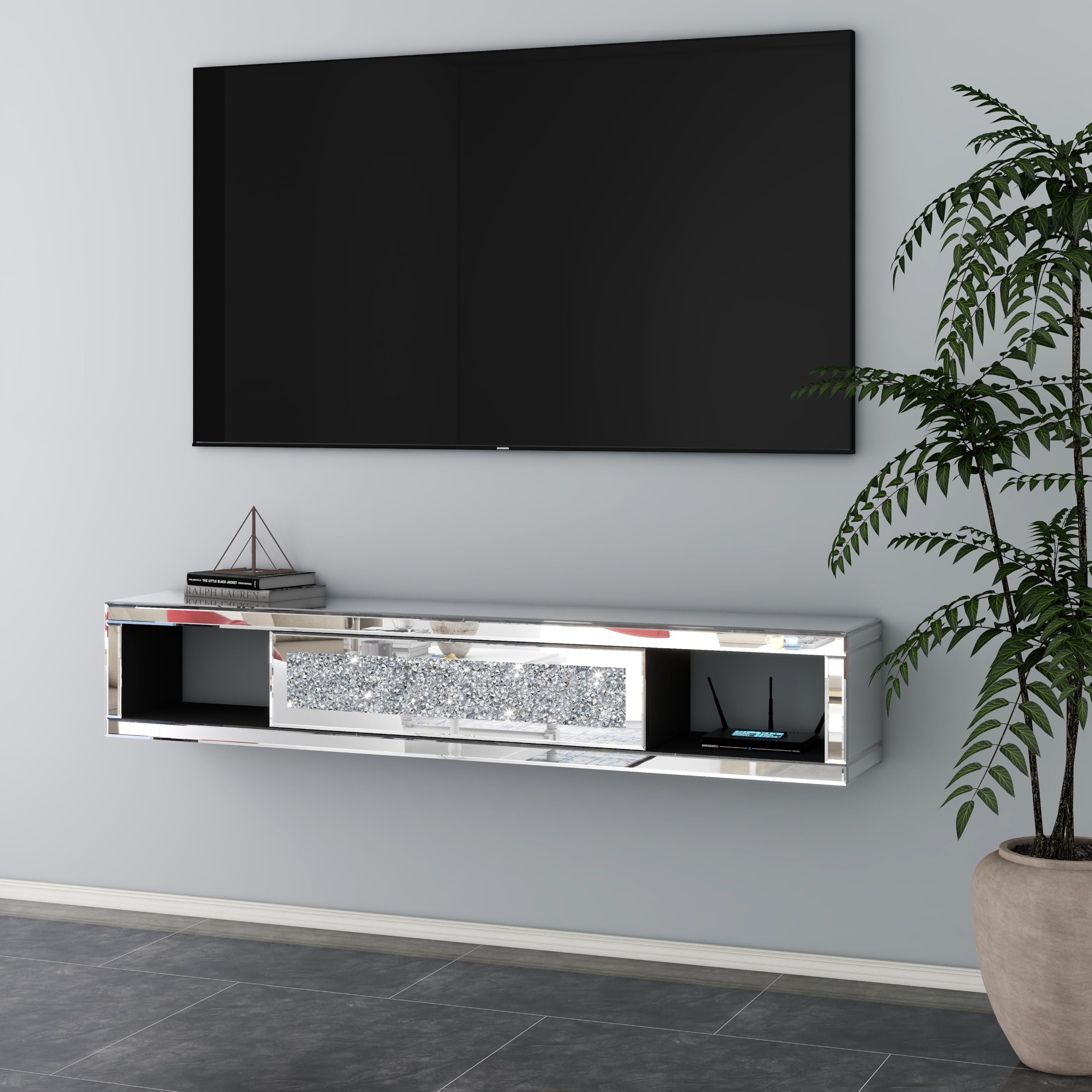 blingworld Mirrored Floating TV Stand, 47 1/2 Wall Mounted Floating TV Shelf with Crushed Diamonds, Glass Floating Entertainment Center Under TV Shelf Mantel for Living Room, Bedroom (Silver)-New Condition
