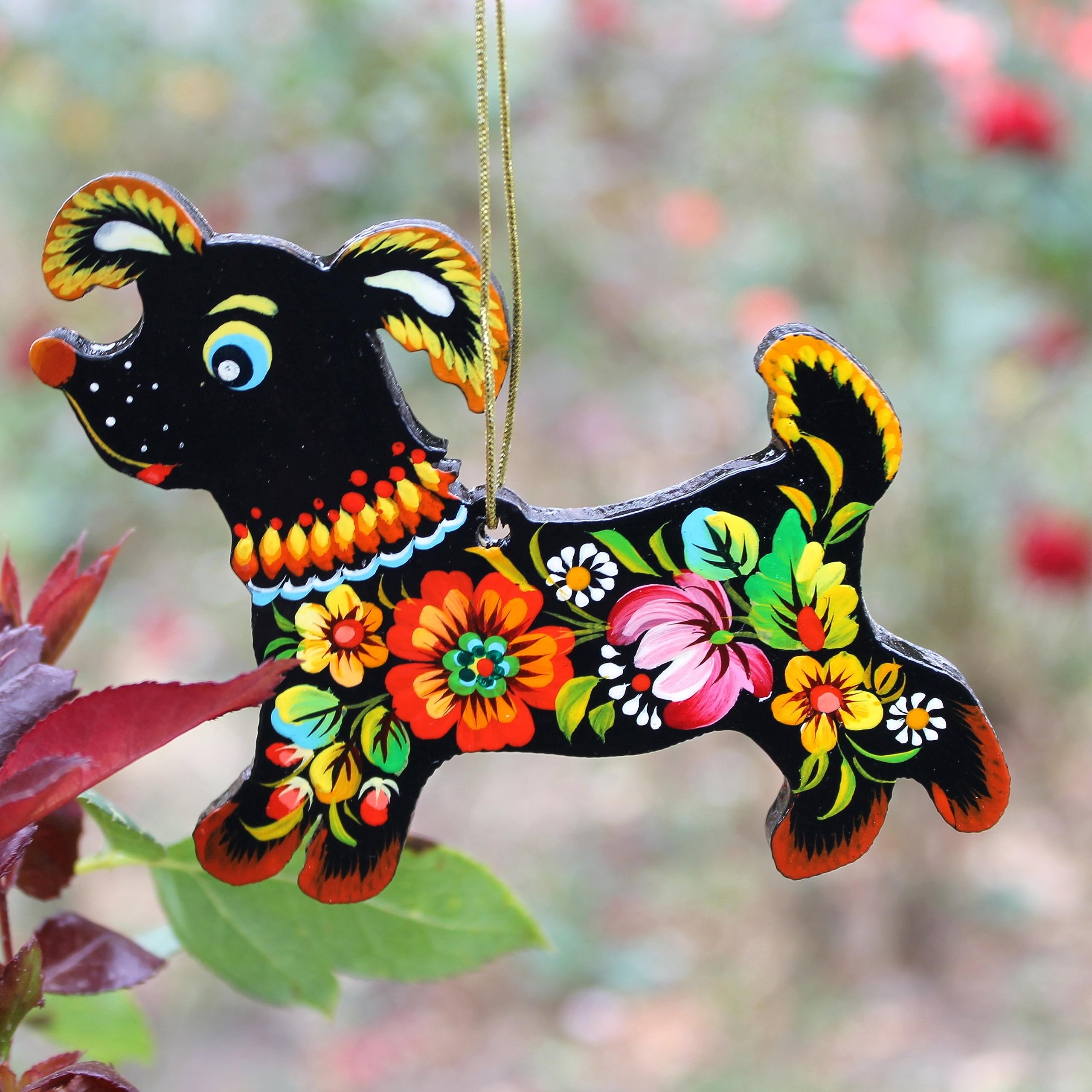 Hanging Dog Ornament Wooden Flat Pet Decoration 3.9 x 3 x 0.2 inches Hand-painted with Floral Patterns of Ukrainian Petrykivka P