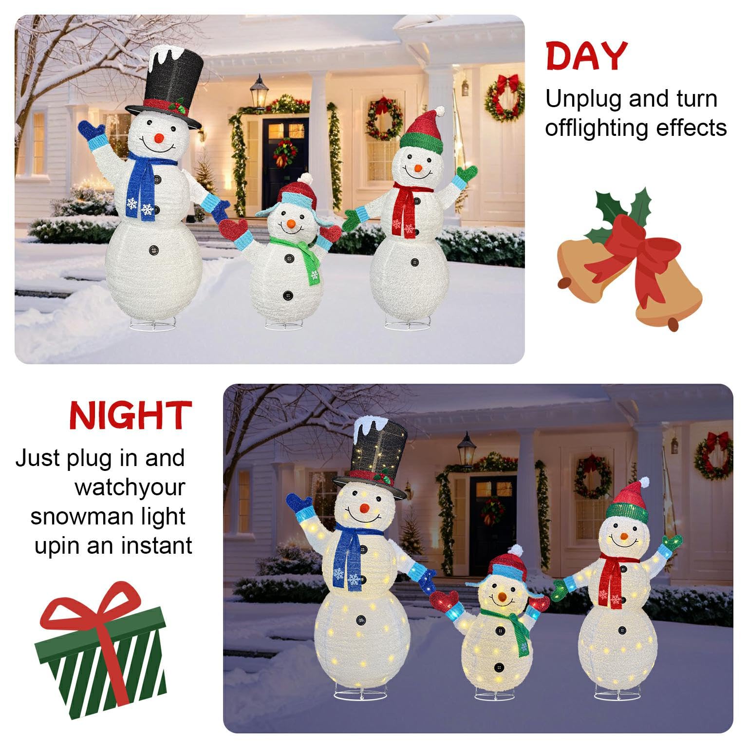 Christmas Snowman Lantern Set - 3-Piece Outdoor Velvet LED Lanterns with Warm White Lights & Transformer, 62/60/35 inch Holiday