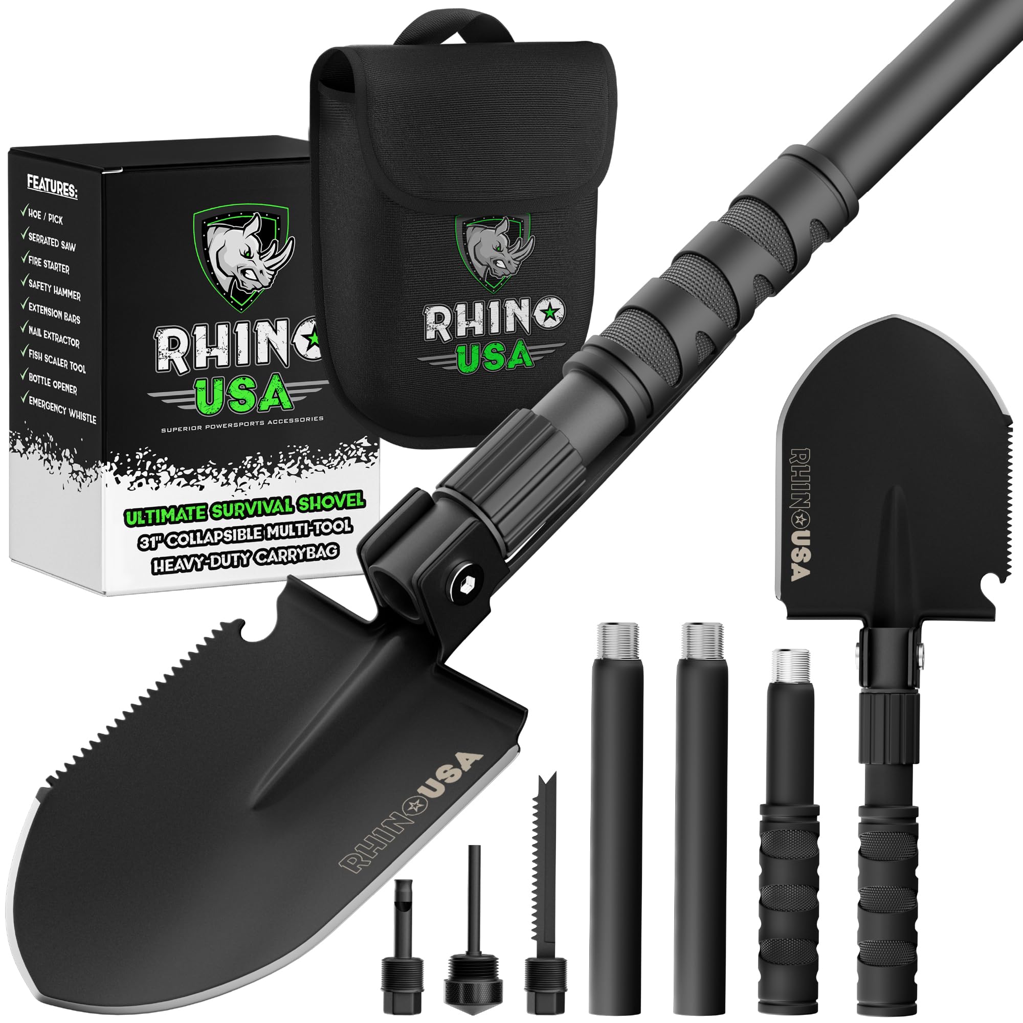 Rhino Usa Survival Shovel W/Pick - Heavy Duty Carbon Steel Military Style Entrenching Tool For Off Road, Camping, Gardening, Bea
