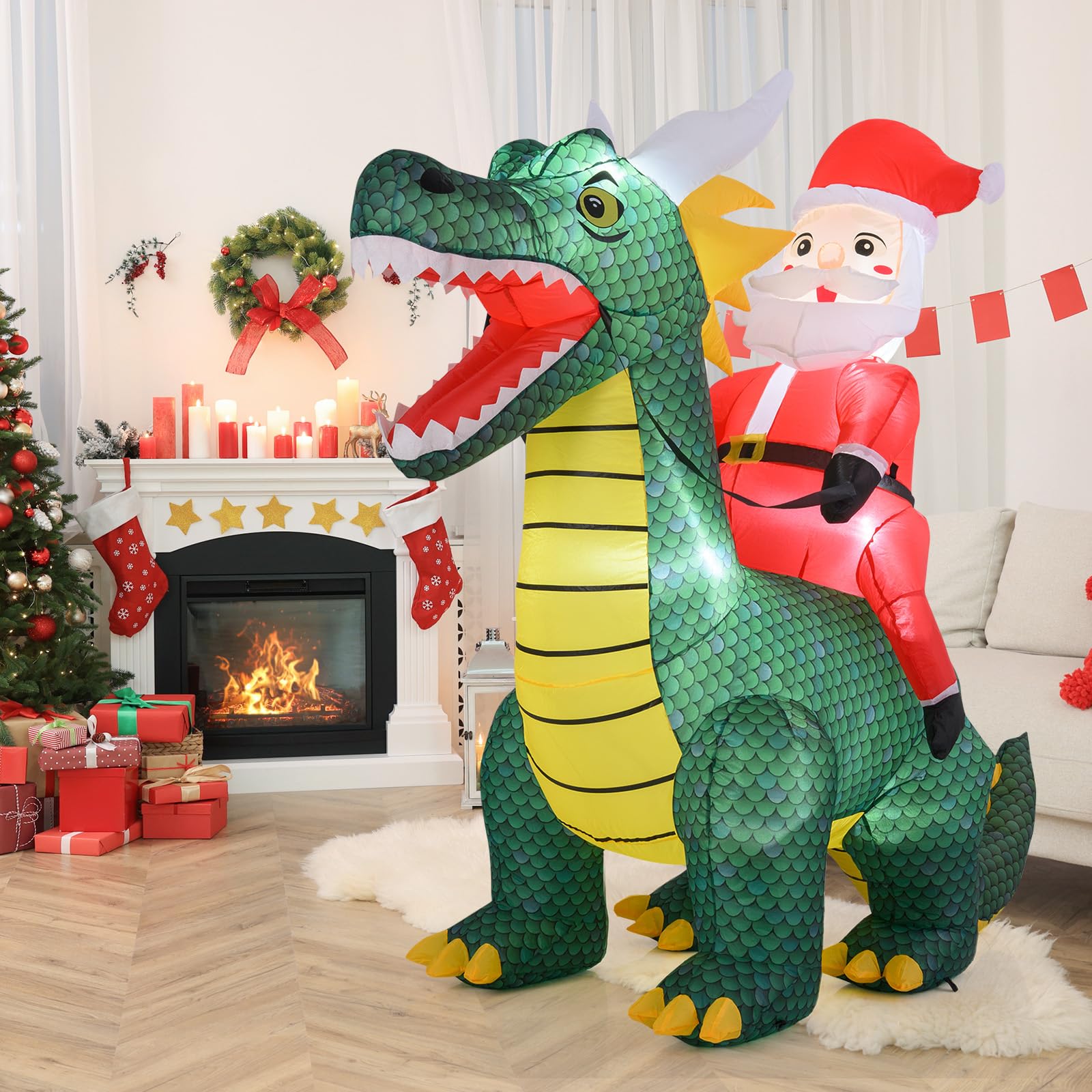 Tangkula 6 FT Christmas Inflatable Santa Claus Ride on Dinosaur, Blow up Indoor/Outdoor Santa Decoration with Built-in LED Light
