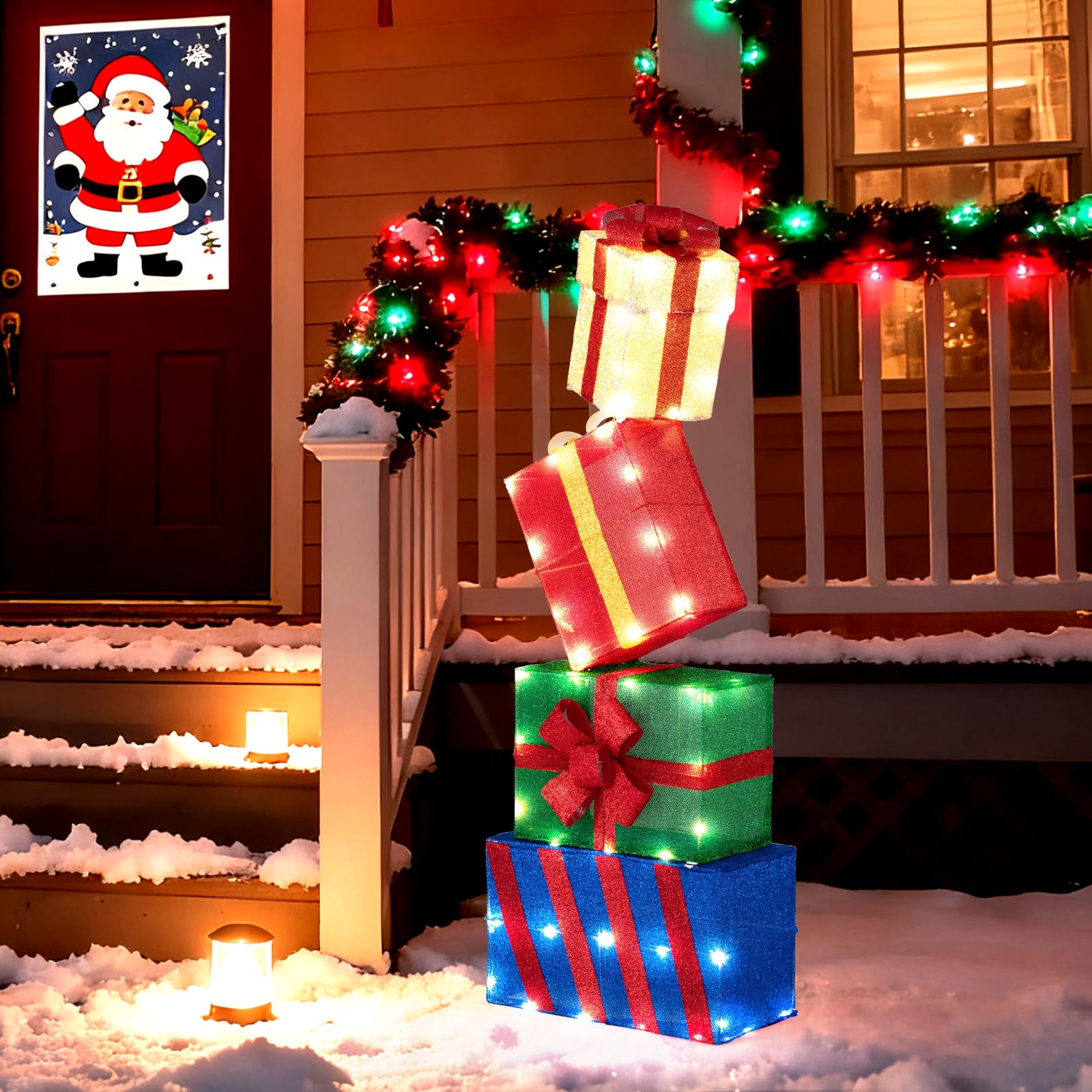 Tangkula 4 Ft Stackable Gift Boxes, Set of 4 Stacked Boxes with Warm White LED Lights, Festive Bows, 2 Display Methods, Pre-lit