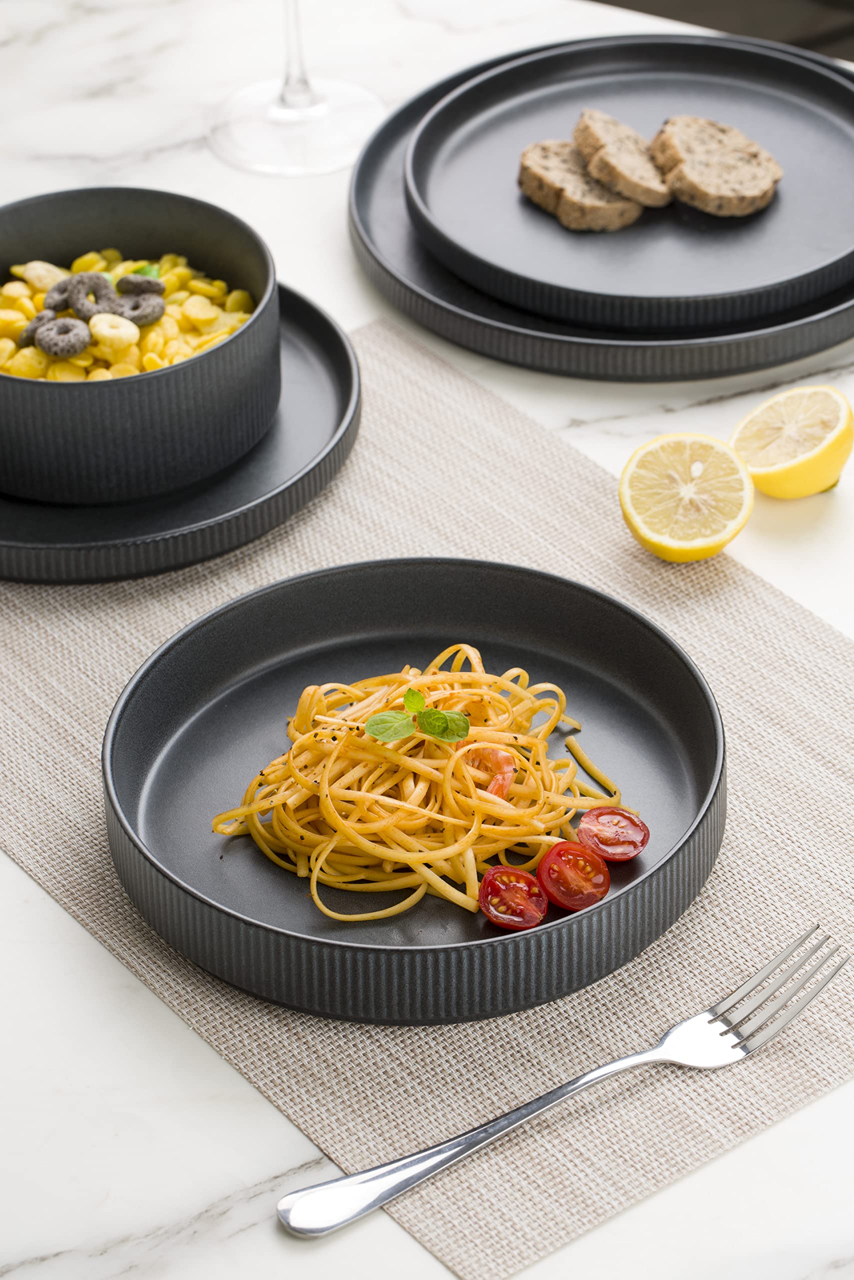 Famiware Star 8.25'' Pasta Bowls, Large Dinner Bowls Set Of 4, Salad Bowl Plates, Shallow Bowls For Eating, Matte Dark Charcoal