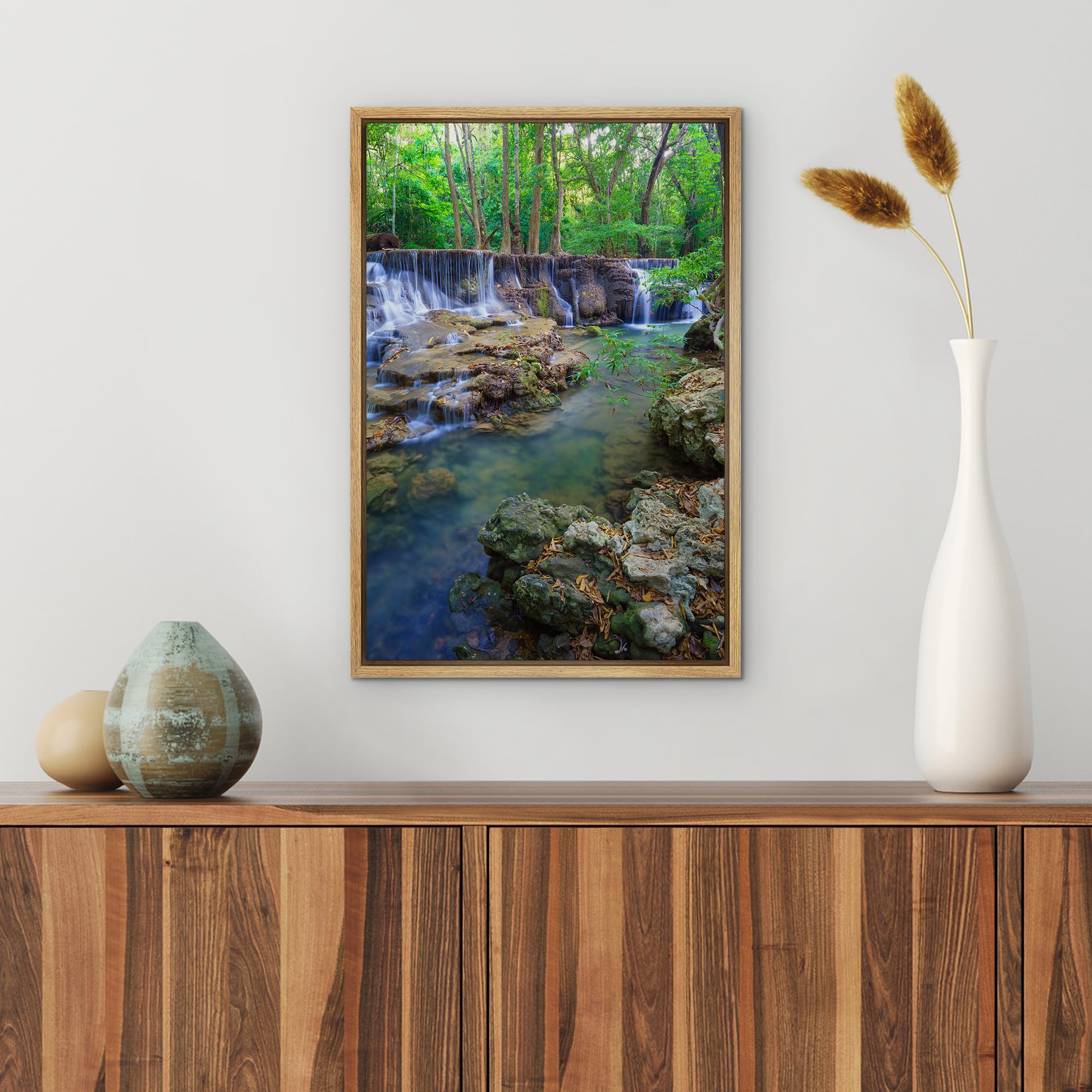 Wall26 Framed Canvas Print Wall Art Forest River & Waterfall In Thailand Floral Plants Photography Realism Rustic Scenic Colorfu