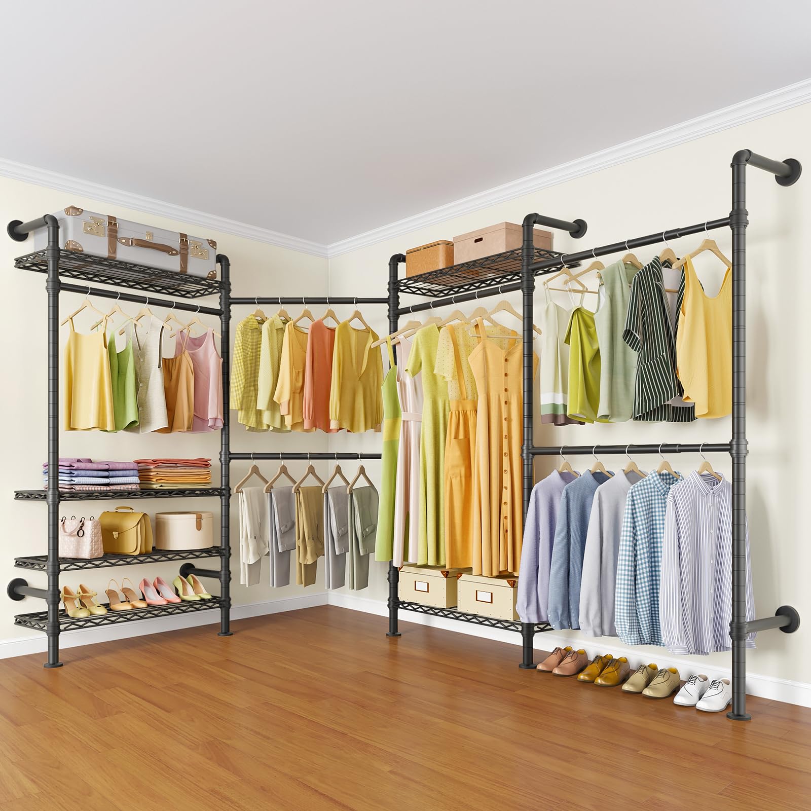 Timate L4 L Shape Garment Rack Heavy Duty Clothes Rack For Hanging Clothes, Expandable Industrial Pipe Clothing Rack, Wall Mount