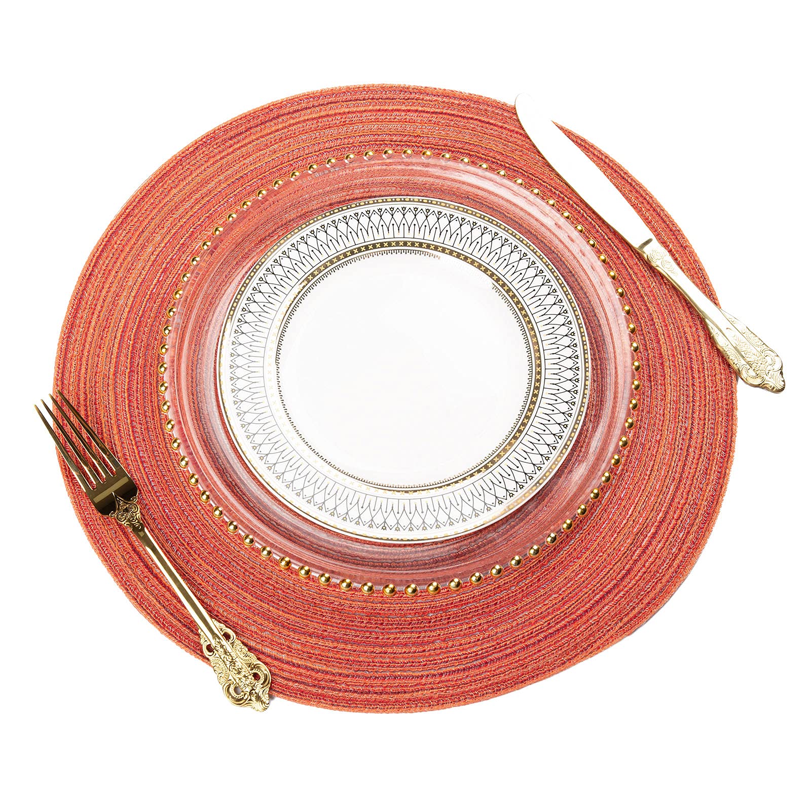 AHHFSMEI Round Placemats Set of 6 Round Braided Placemats 15 Inch Table Mats for Dining Tables Washable Heat Resistant Place mats For Party BBQ Christmas and Everyday Use (dark orange w/o silver yarn)