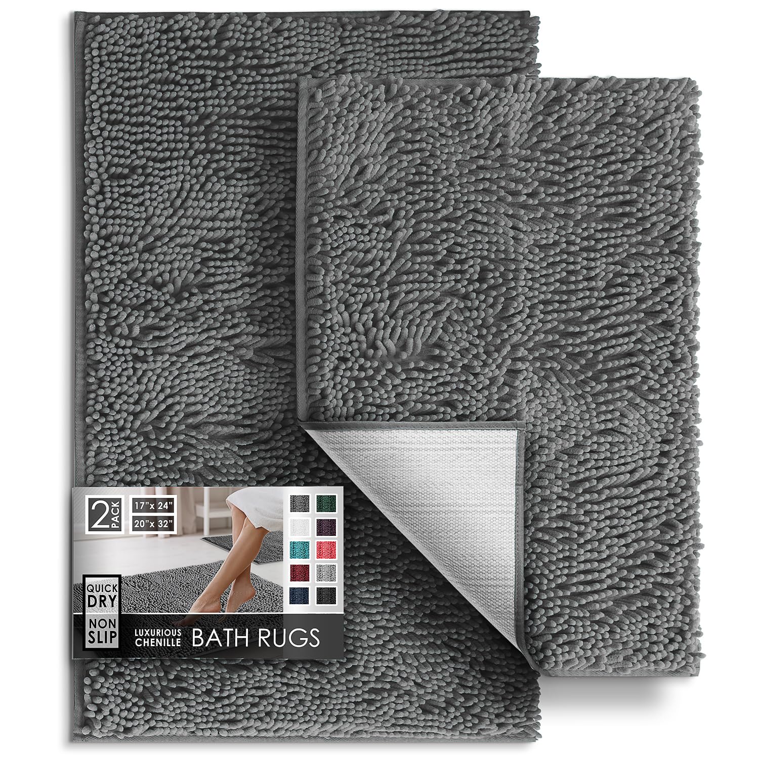 Hearth & Harbor Bathroom Rug Set, 2 Piece Chenille - Grey, Quick Dry, Non-Slip, Machine Washable - Bath Mat Size 17X24, 20X32 In