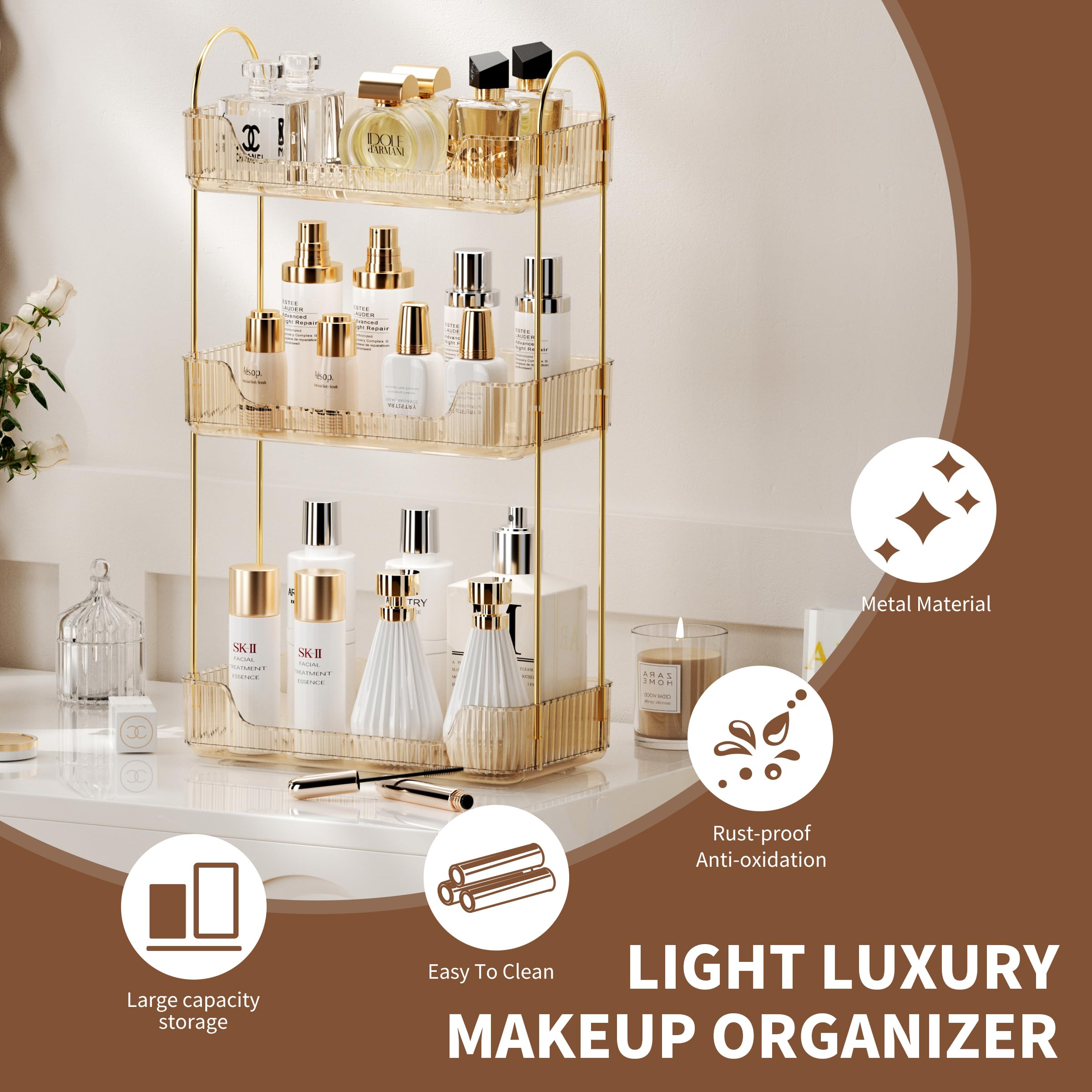 Ycia&Done Bathroom Organizer Countertop 3 Tiers, Makeup Organizer Counter Storage, Skincare Cosmetics Shelf, Perfume Holder For