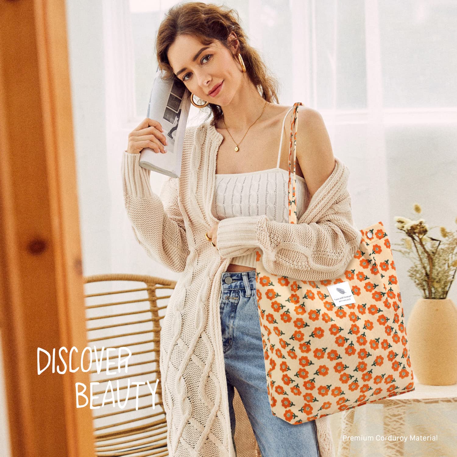Ndenowomen Tote Bags Grocery Shoulder Bag Corduroy With Inner Pocket For Work Beach Lunch Travel Shopping Shopper Handbags(Orang