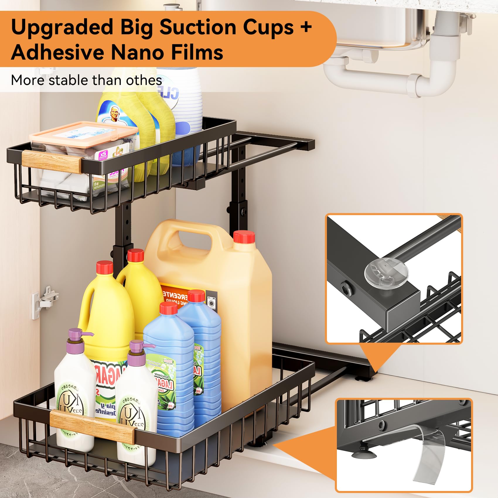Under Sink Organizer, 2 Packs 2 Tier Under Sink Organizers And Storage, Slide Out Pull Out Cabinet Organizer Shelf, Metal Slidin