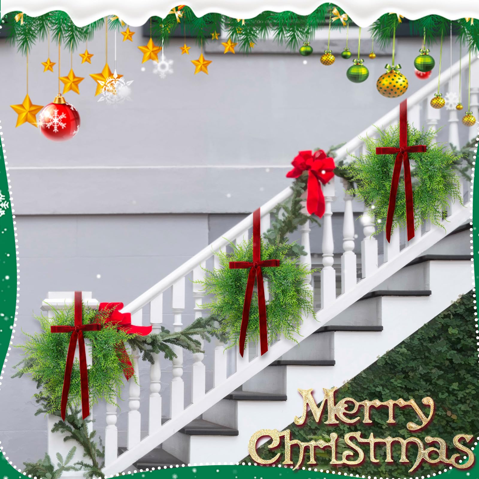 XunYee 6 Pack Small Christmas Wreath for Cabinet Home Kitchen Whimsical Decor with Velvet Bow 11 Persian Grass Lime Green Green