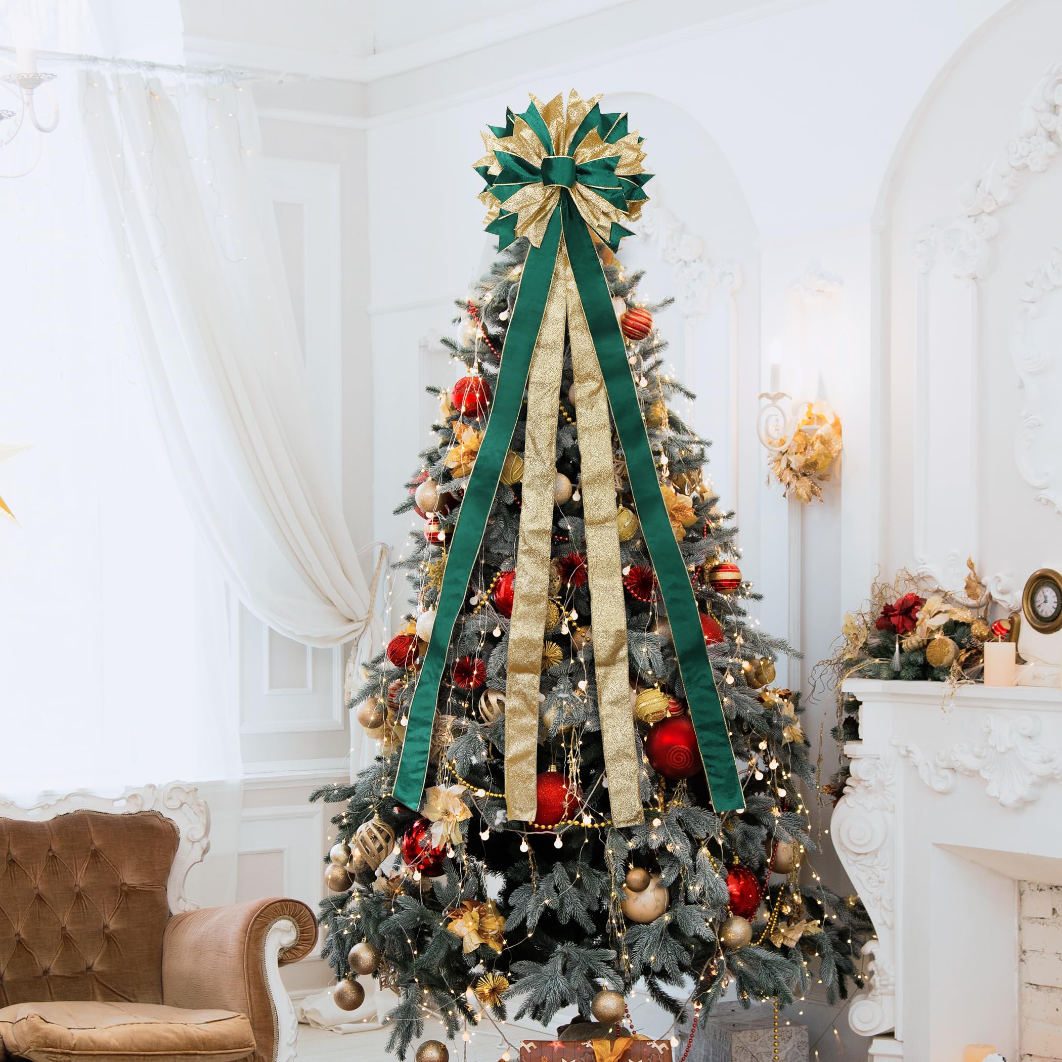 CANGBI Green Gold Christmas Tree Topper, 40x13 Inches Toppers Bow with Glitter Satin Mesh Streamer and Patterned Ribbon, Christm