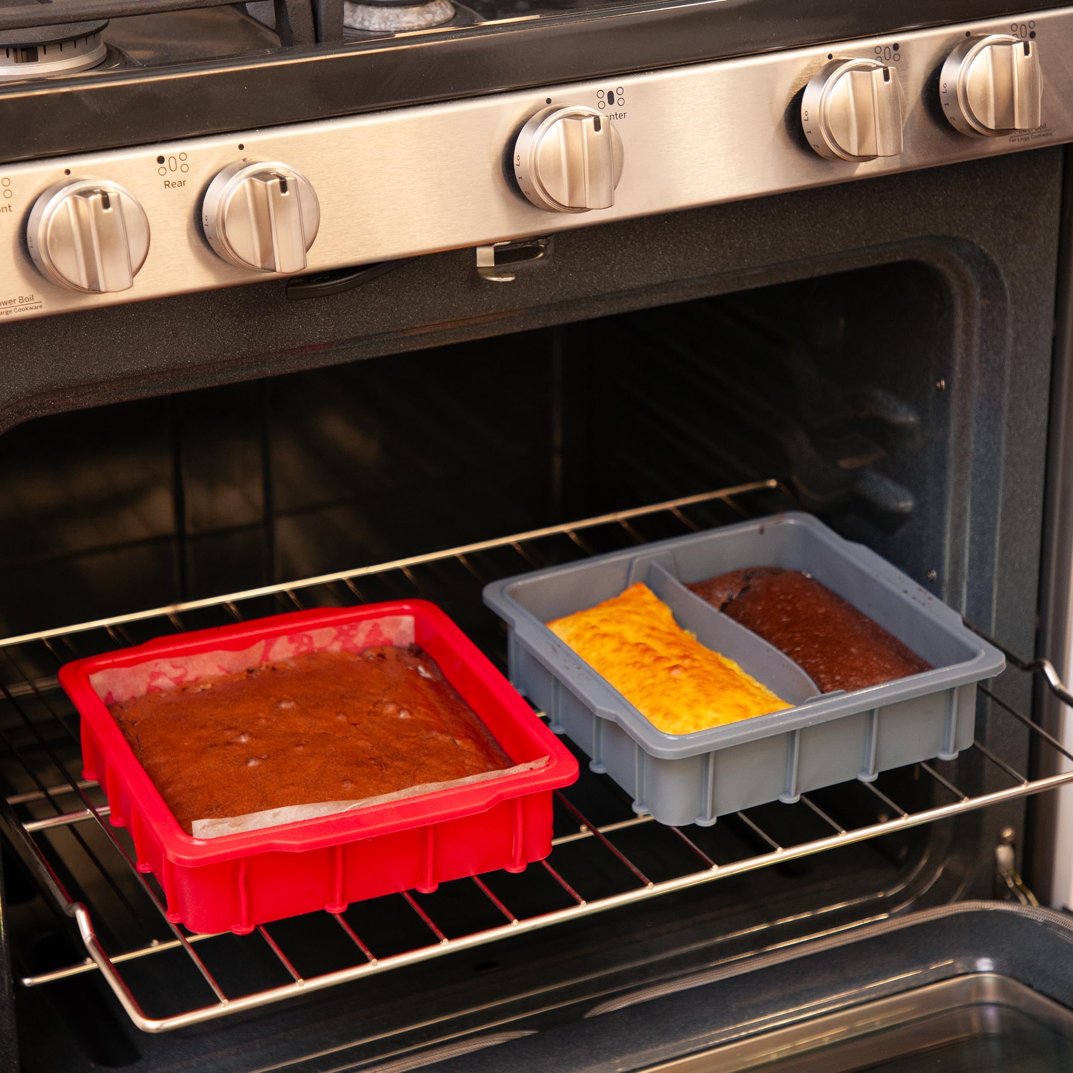 NuWave 14pc Silicone Baking Kit - 8x8-inch Pan, Removable Divider, Reusable Cupcake Liners, Gray/Red