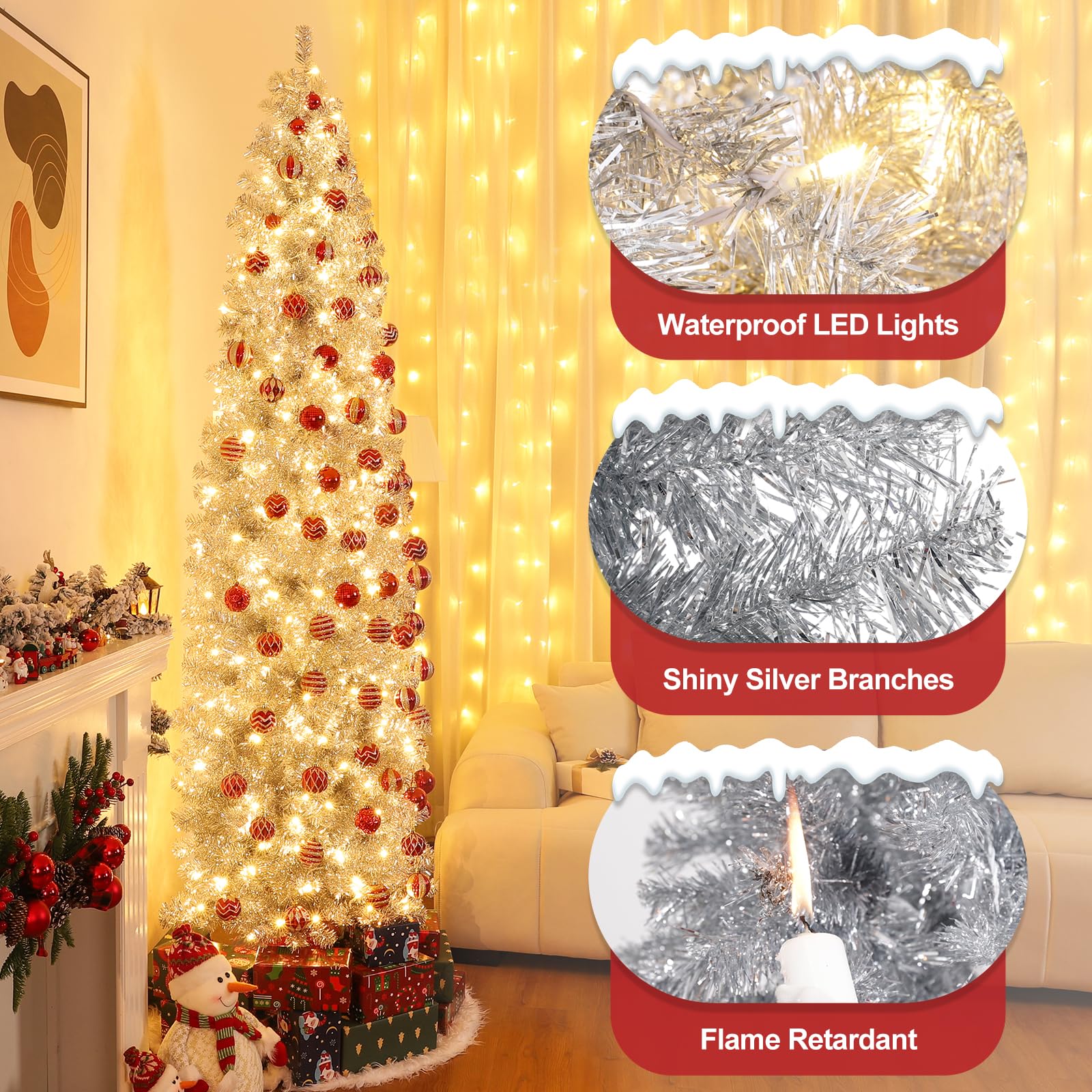 Decoway Pre-lit Pencil Christmas Tree 7.5ft Artificial Silver Tinsel Xmas Tree with Metal Stand