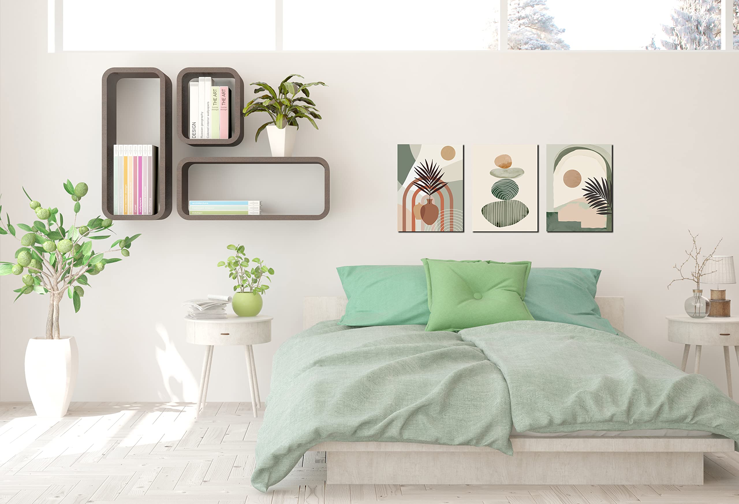 Zhaoshop Boho Art Wall-Decor - Green Canvas Wall Art For Bedroom - 3 Piece Wall Art Decor Stretched And Framed Ready To Hang Siz