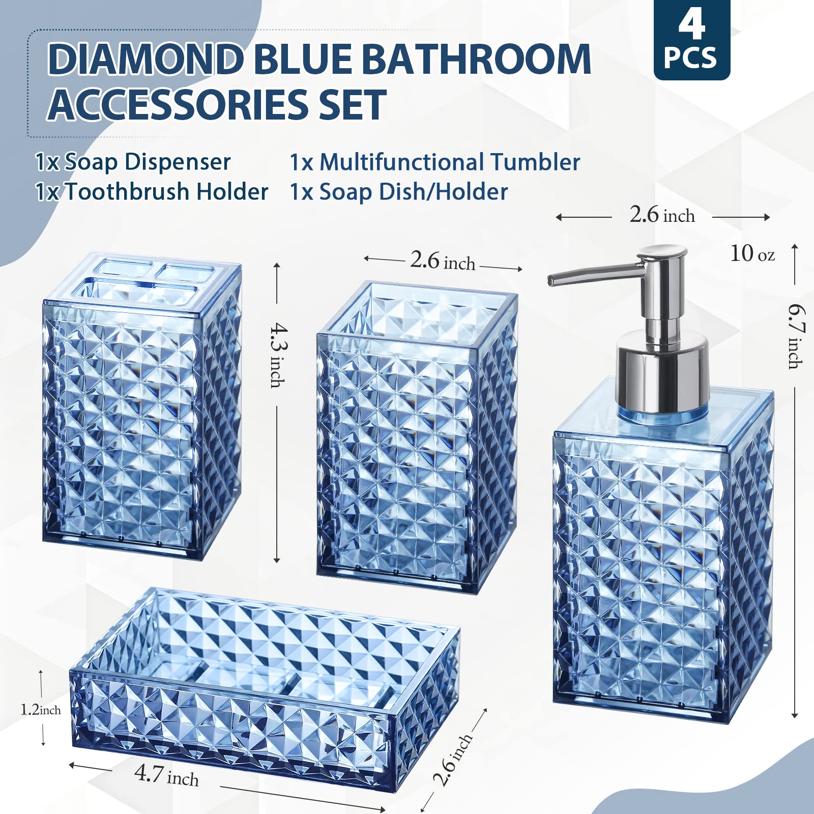 Rytoxilo Bathroom Accessories Set, 4 Pack Blue Acrylic Bath Accessory Sets Complete, Diamond Soap Dispenser And Toothbrush Holde