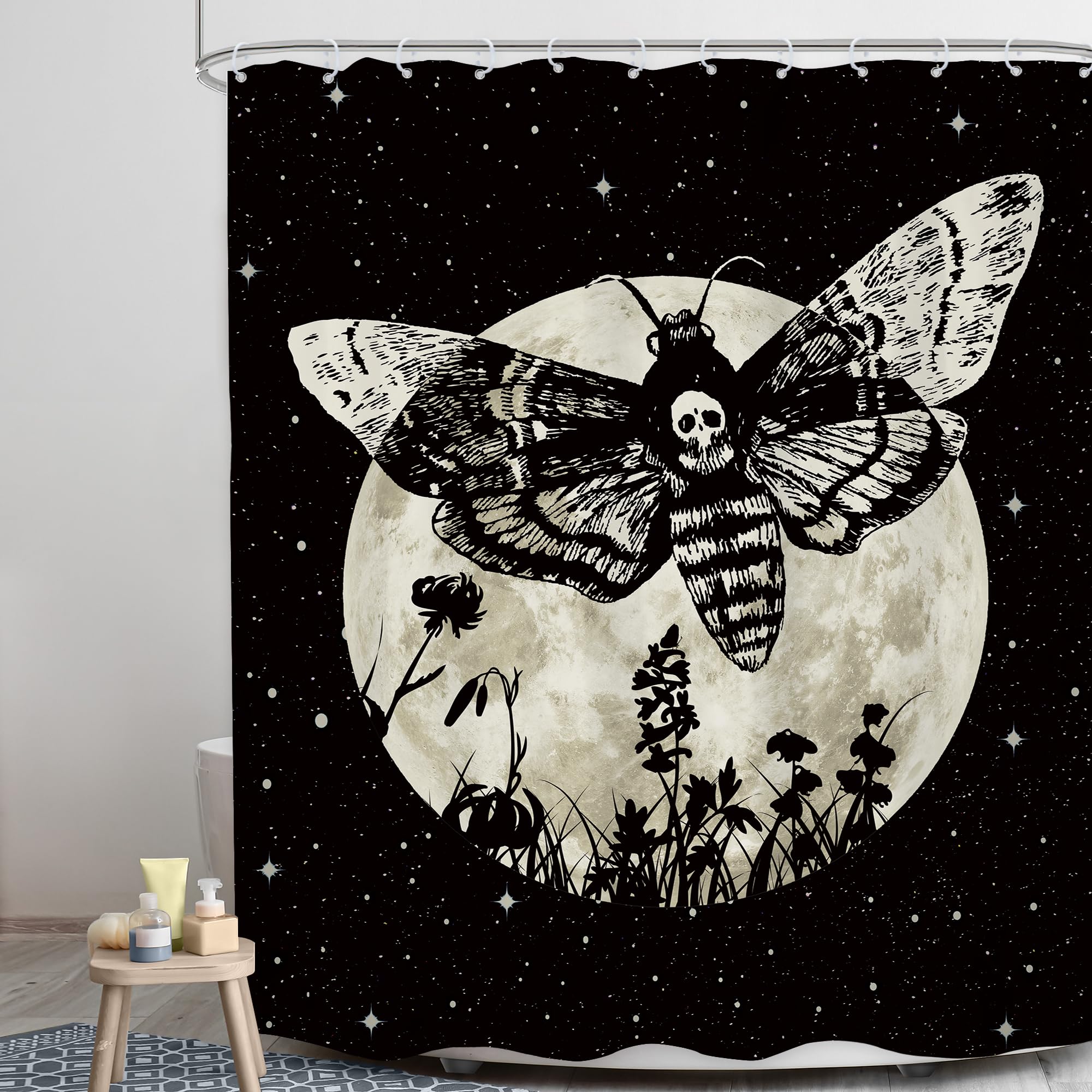 Lghtyro Gothic Skull Moth Shower Curtain Bathroom Set 60Wx71H Inches Mysterious Moon Stars Scary Black Floral Plant Leaves Bath