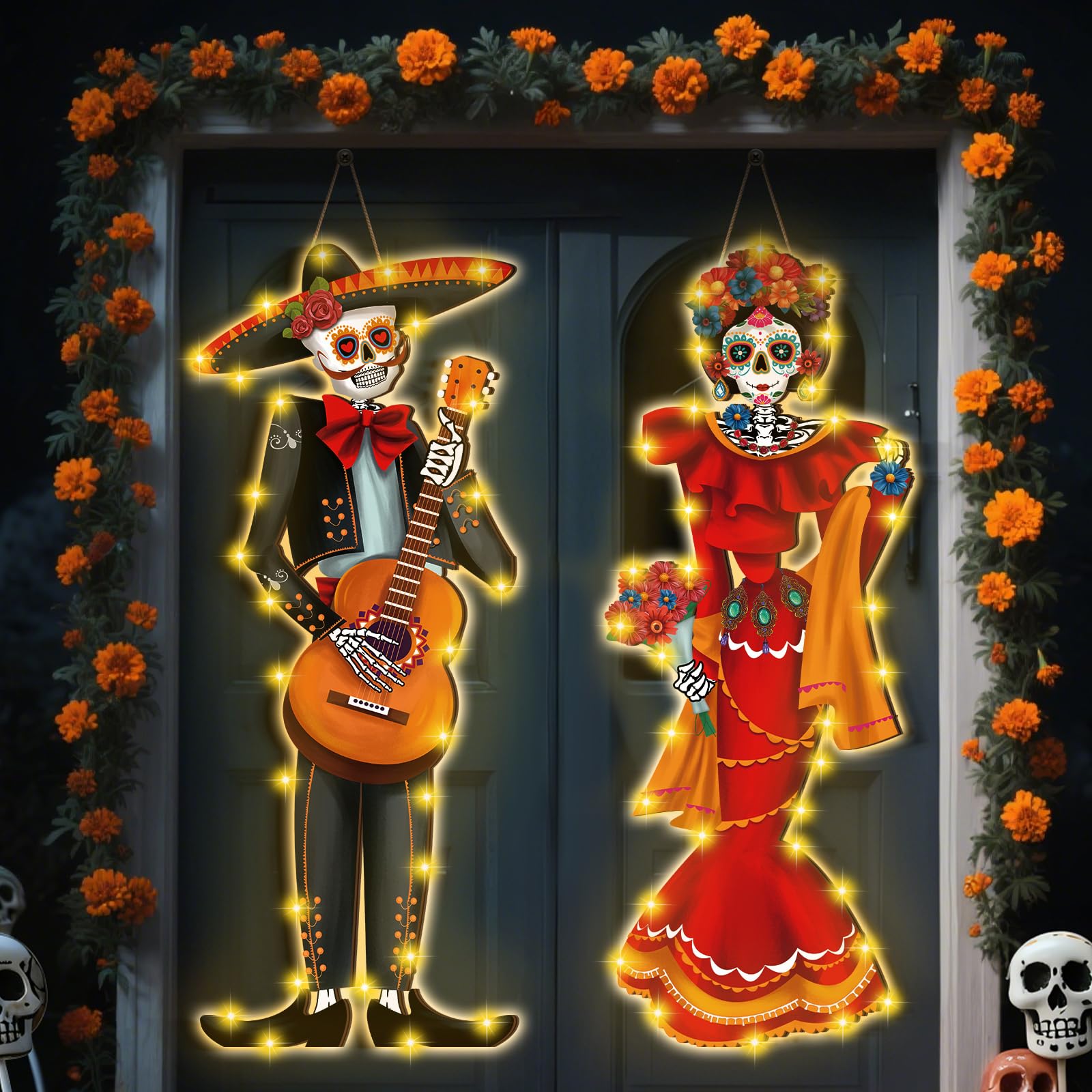 Karenhi 2 Pcs Dia De Muertos Decorations Day of The Dead Porch Decor Mexico Day of The Dead Porch Signs with LED Lights Hallowee