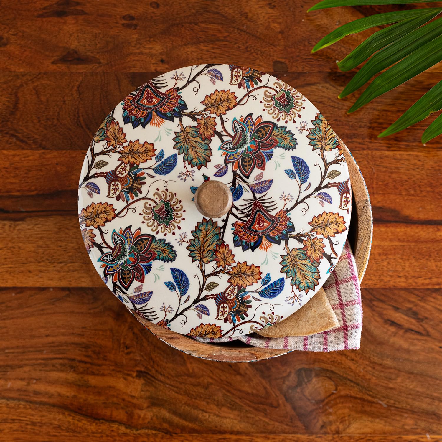 Exclusivelane Floral Chronicles Wooden Chapati Box For Kitchen With Lid (Mango Wood, 8 Inch, 1140 Ml) | Hot Case For Roti Cass
