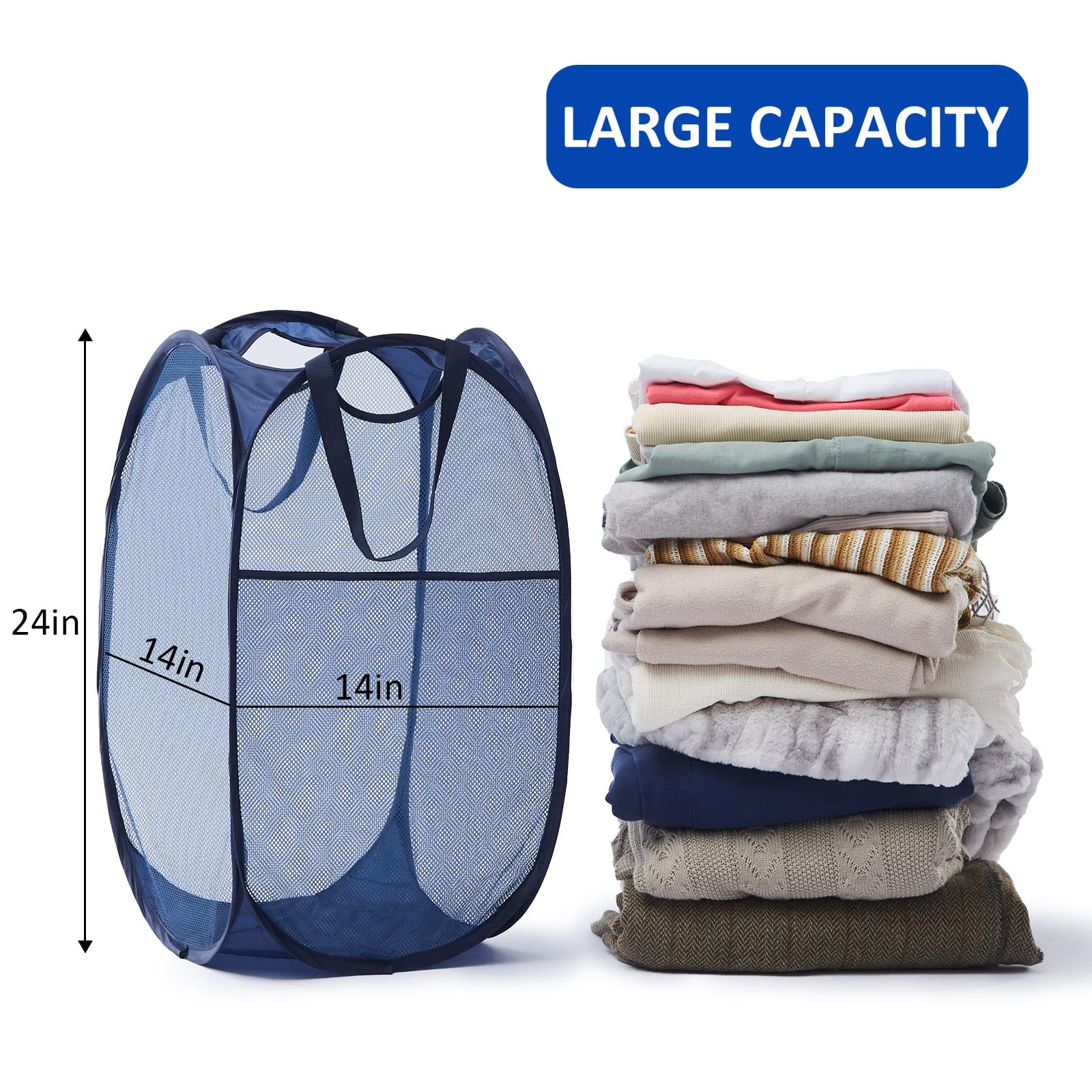 Mesh Pop Up Laundry Hamper with Durable Handles - Portable Collapsible Clothes Baskets for Dorm  Bathroom & Travel (Blue  3 Packs)