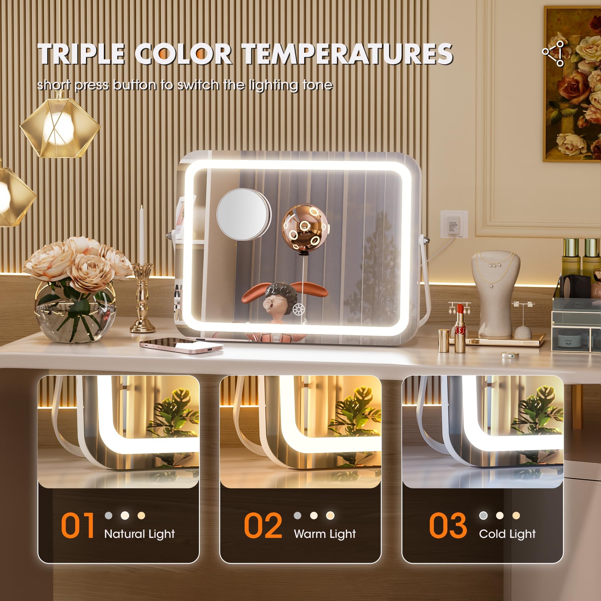 Hasipu Vanity Mirror With Lights, 16'' X 12'' Led Makeup Mirror, 3 Modes Light, Smart Touch Control Dimmable, 360Rotation, Recta