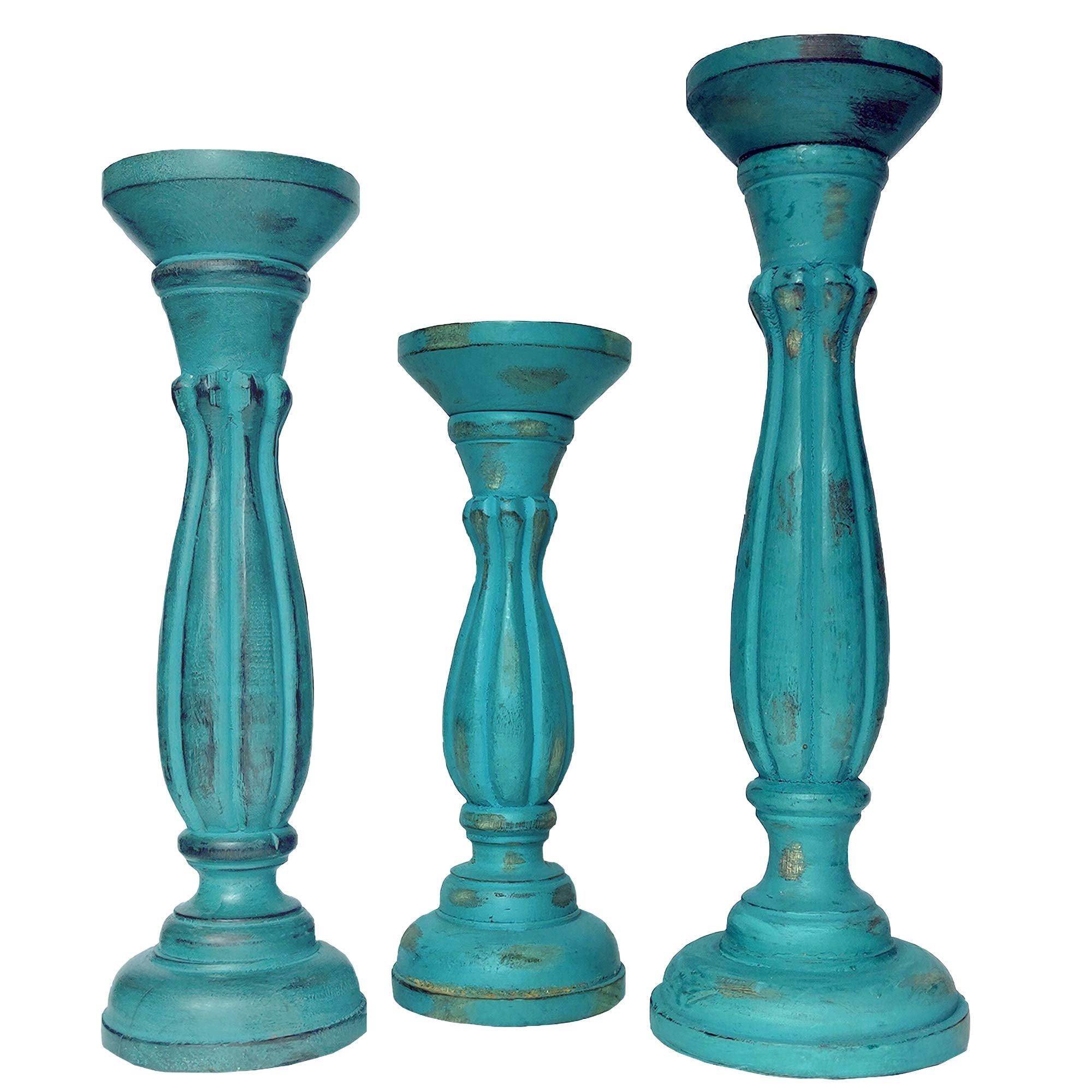 Benjara Handmade Wooden Candle Holder with Pillar Base Support, Set of 3, Turquoise