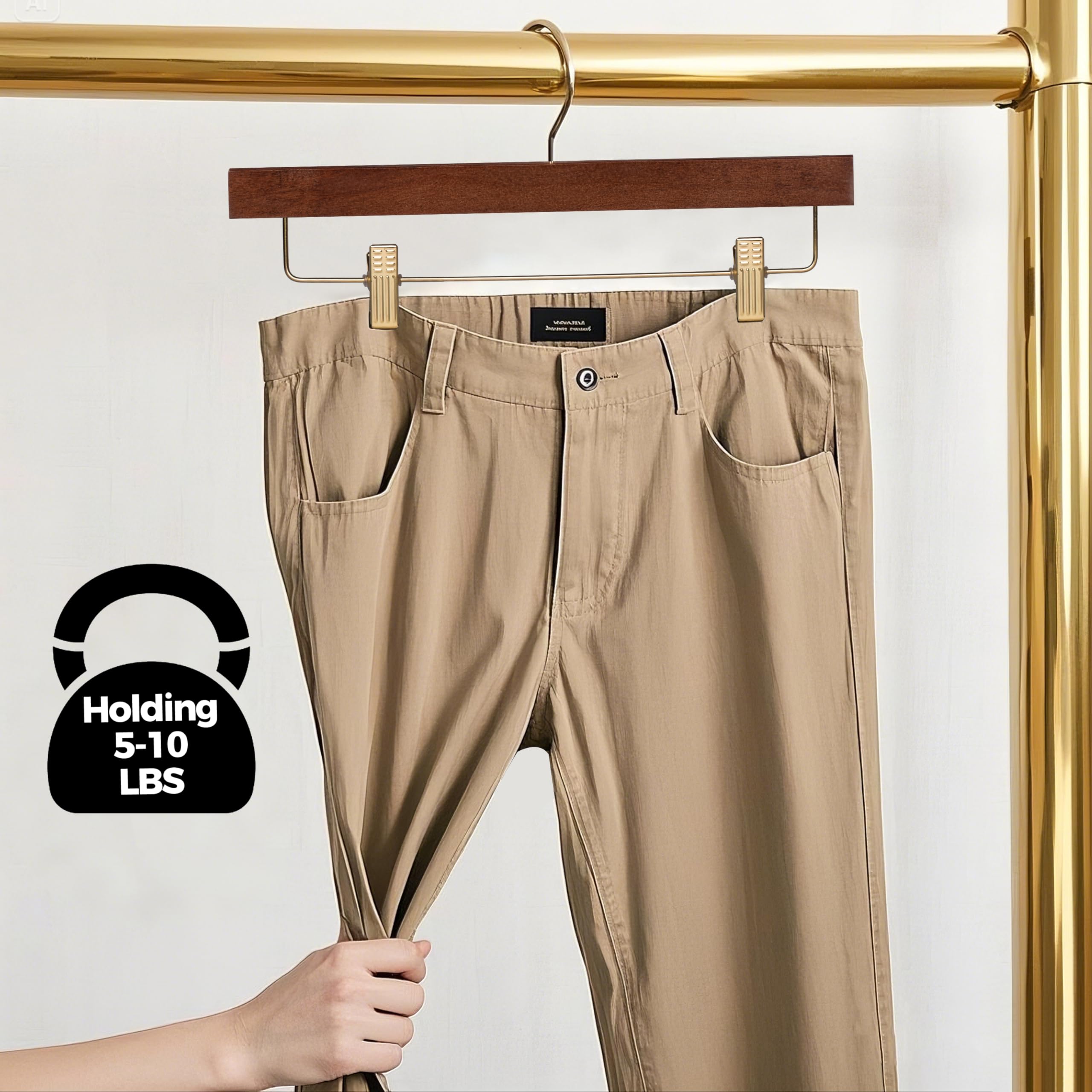 Quality Wooden Pants Hangers Skirt Hanger Jeans Hanger Bottom Hanger  Swivel Hook  Adjustable Clips (Walnut - Gold Hook  10)