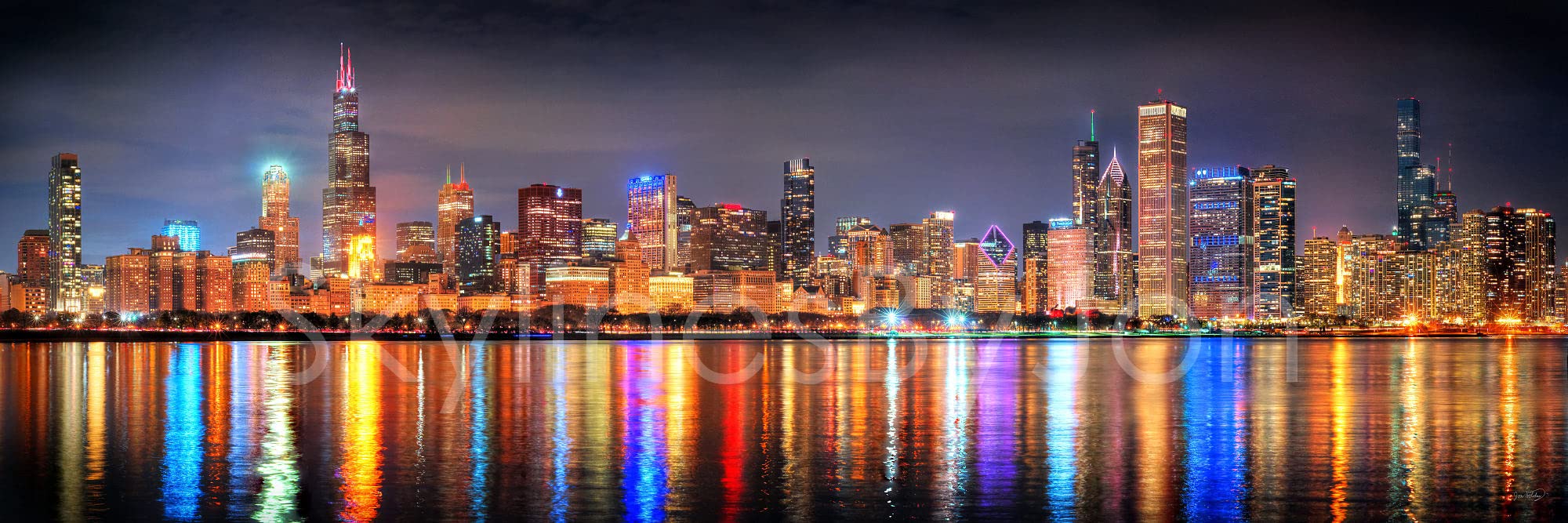 Photosbyjon Canvas Chicago Skyline 2022 Night Color 16 Inches X 46 Inches City Downtown Photographic Panorama Print Photo Pictur