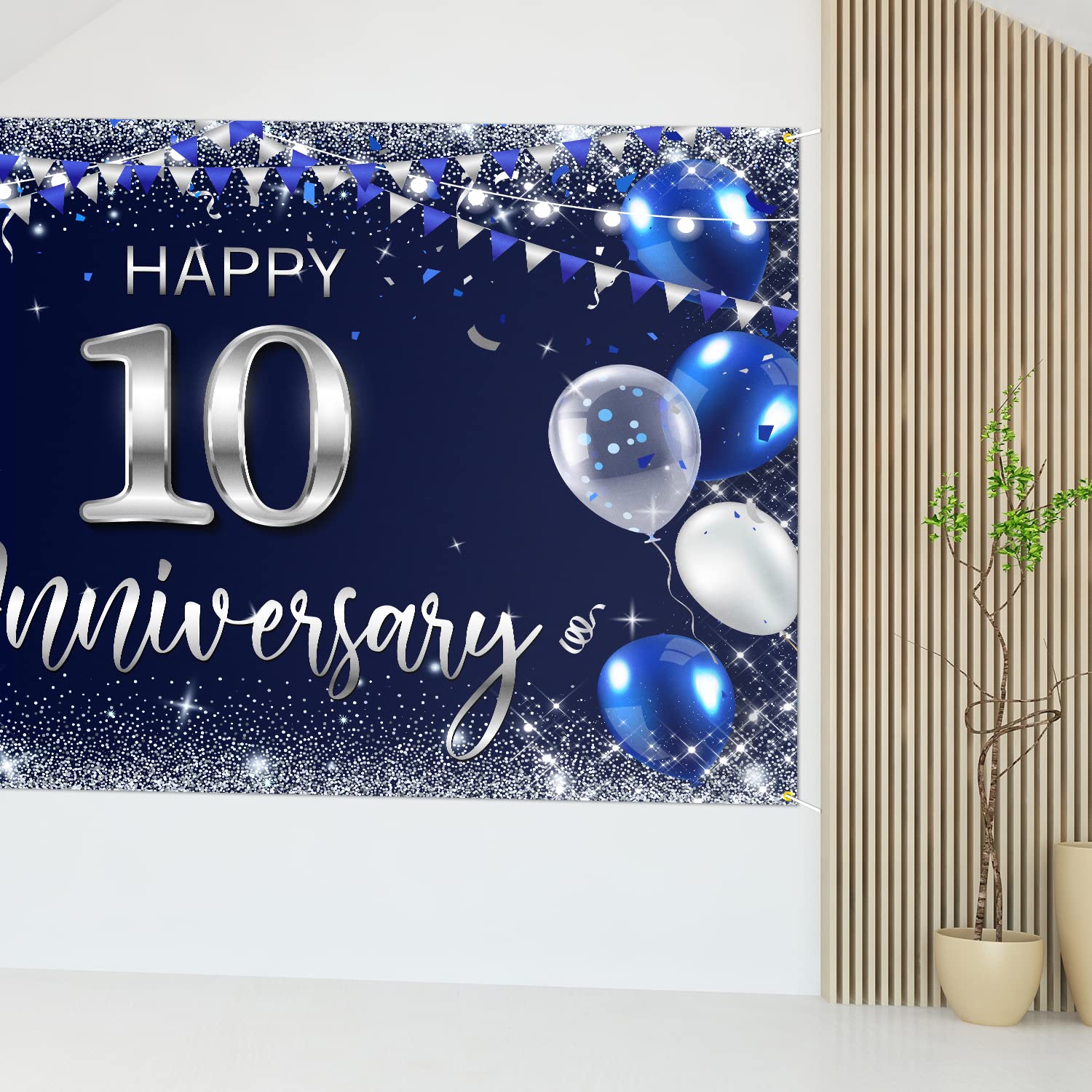 Happy 10Th Anniversary Backdrop Banner Decor Navy Blue - Silver Glitter Happy 10 Years Wedding Anniversary Party Theme Decoratio