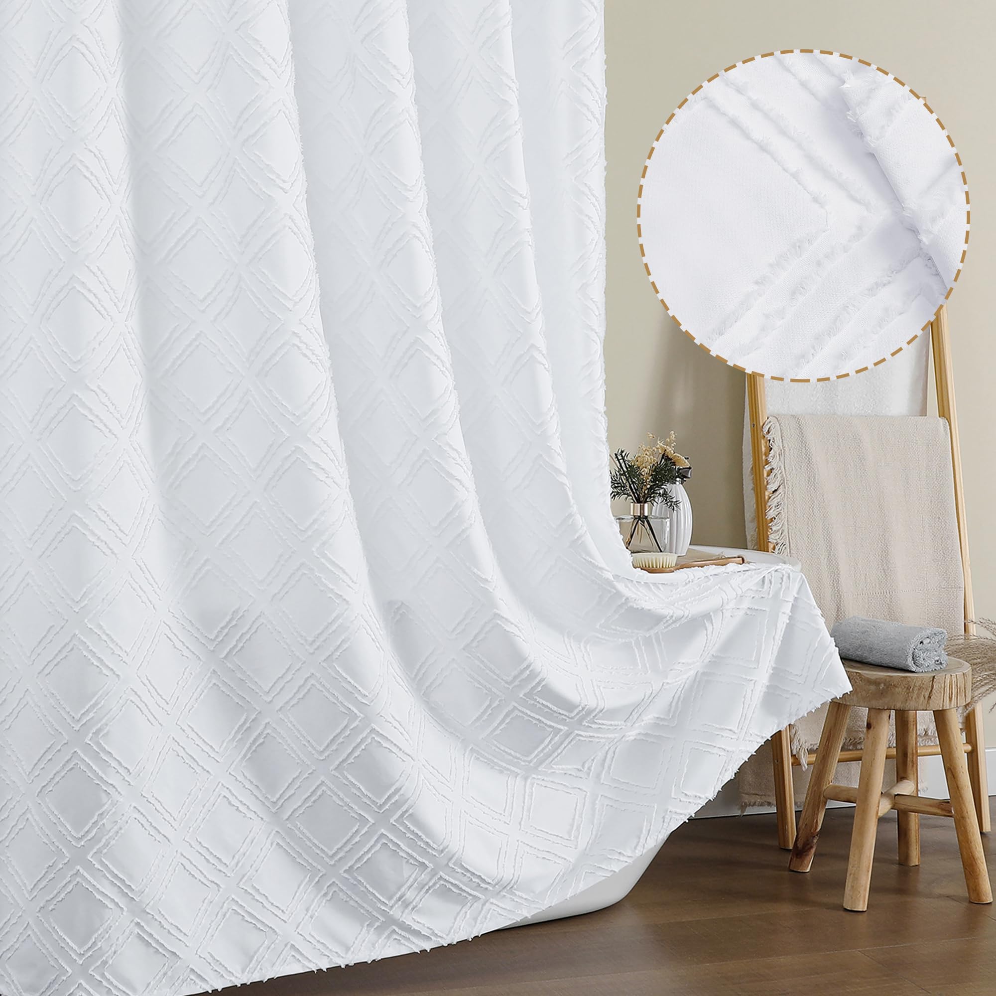 Owenie Solid White Fabric Shower Curtain For Bathroom, Farmhouse Boho Shower Curtain- Soft Cloth & Hotel Spa Quality, Machine Wa