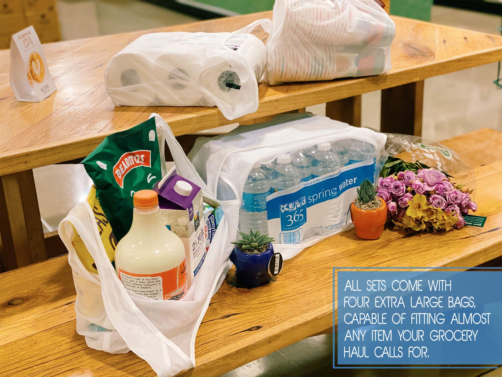 Dual Purpose Reusable Produce And Grocery Bags, Set Of 9 See Through Mesh | With Handles | Shopping Bags & Farmers Market Net Ba