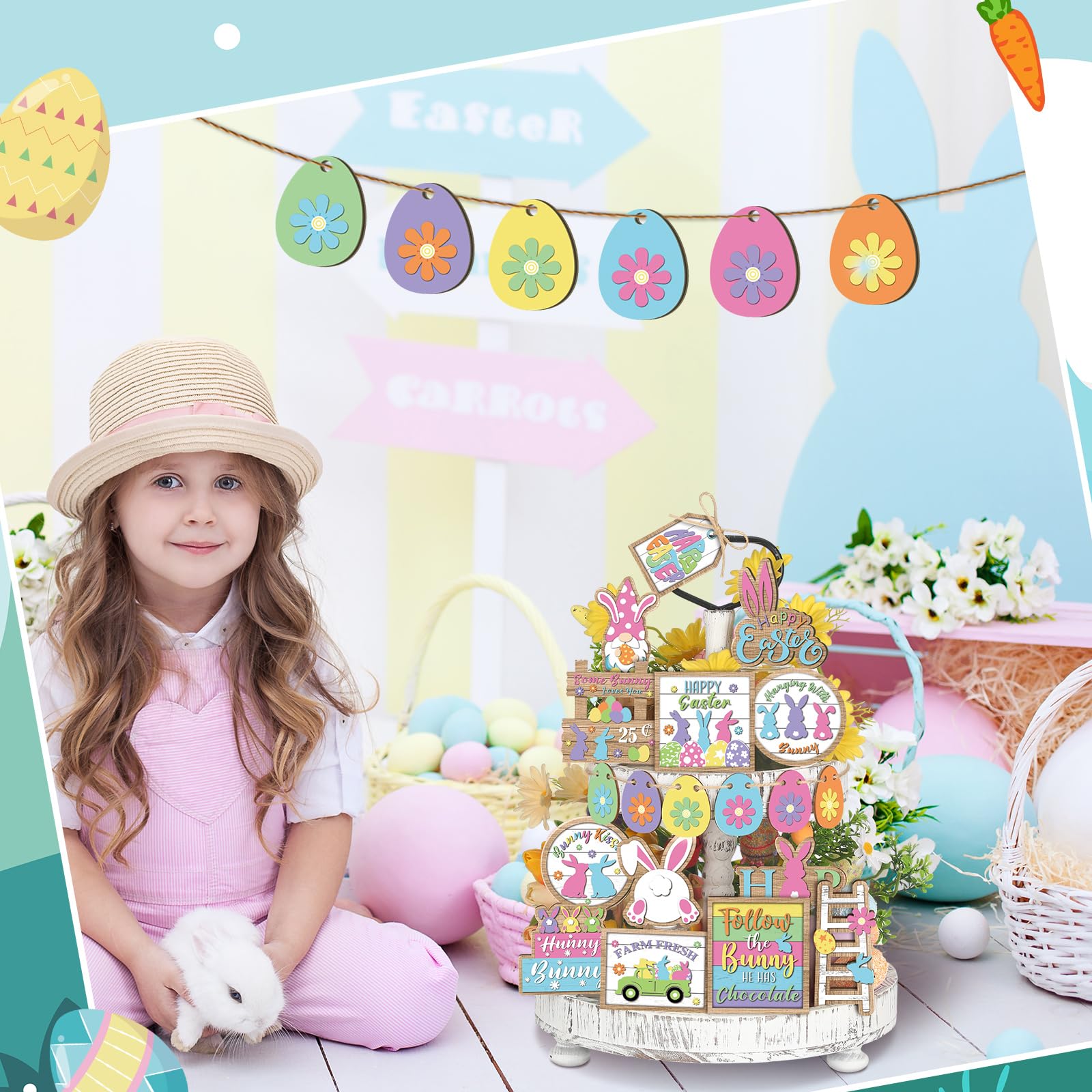 Ziliny 19 Pcs Easter Bunny Tiered Tray Decor Spring Easter Egg Wooden Centerpiece Signs Colorful Easter Wooden Sign Bunny Gnome