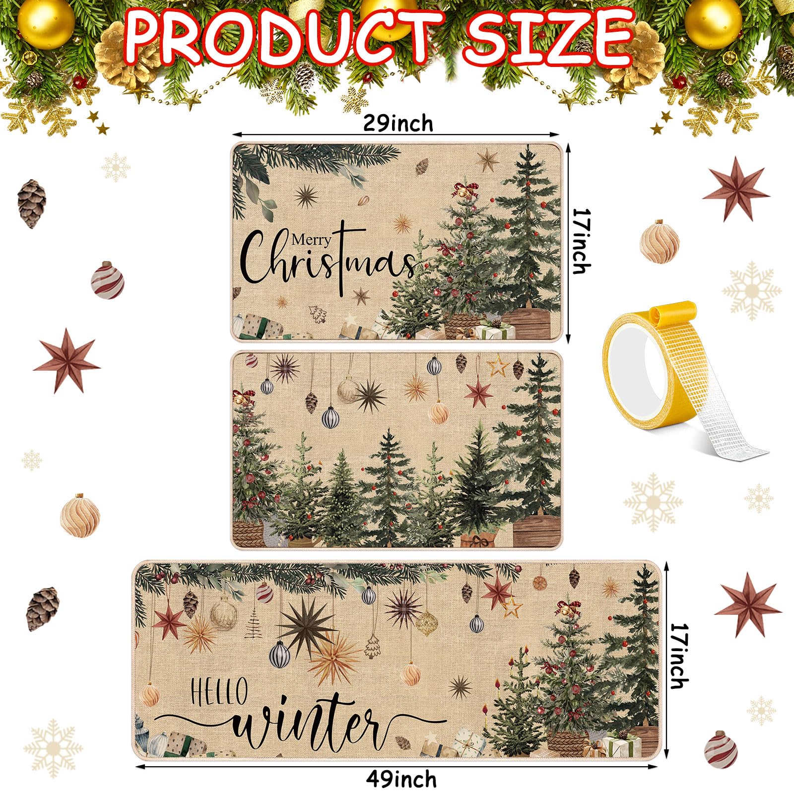 Drydiet 3 Pcs Christmas Kitchen Rug and Mats Beige Winter Kitchen Floor Mat Anti Fatigue Non Slip Xmas Tree Doormat Neutral Mode