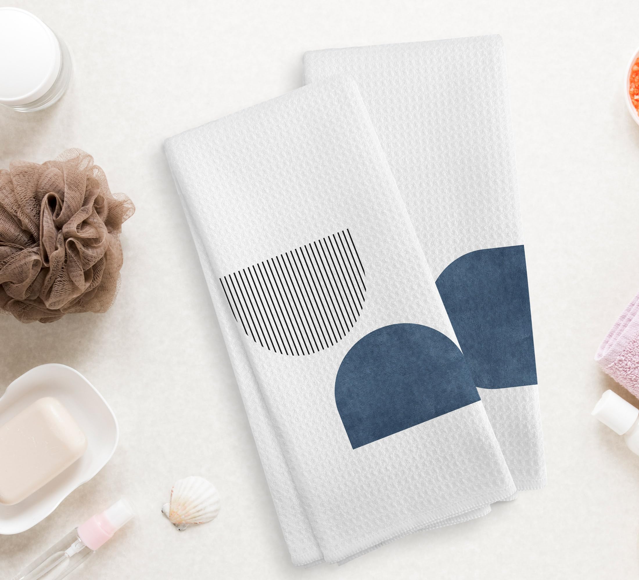 Noql Boho Navy Blue Line Kitchen Towels And Dishcloths Set Of 2, Boho Absorbent Hand Towels, Boho Bohemian Decorative Blue Hand