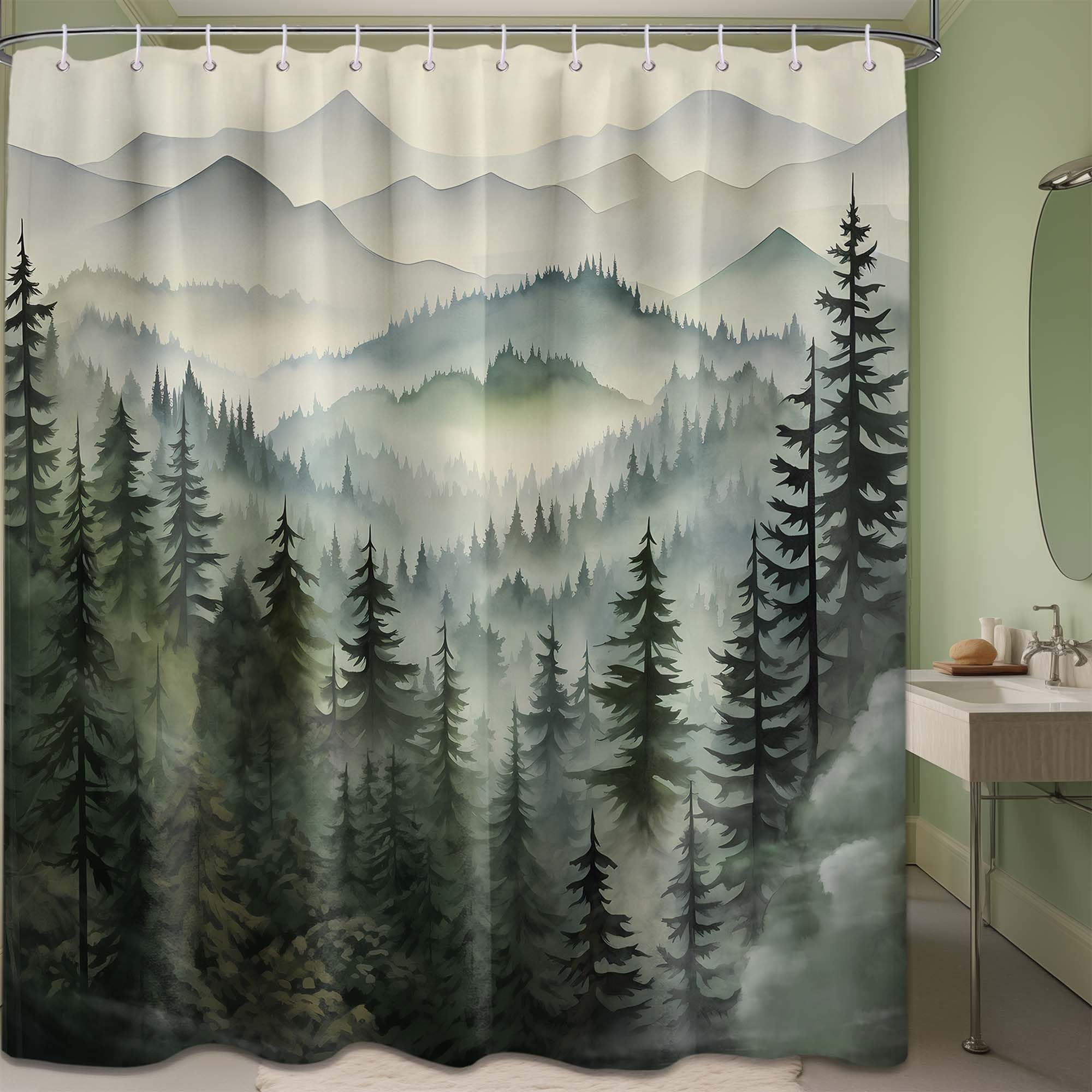 Qghot Foggy Mountain Shower Curtain, Nature Woodland Forest Cabin Shower Curtains For Bathroom Waterproof Pine Tree Bathroom Dec
