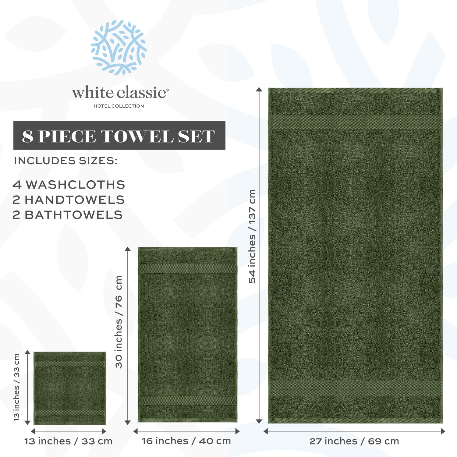 White Classic Luxury Forest Green Bath Towel Set - Combed Cotton Hotel Quality Absorbent 8 Piece Towels | 2 Bath Towels | 2 Hand