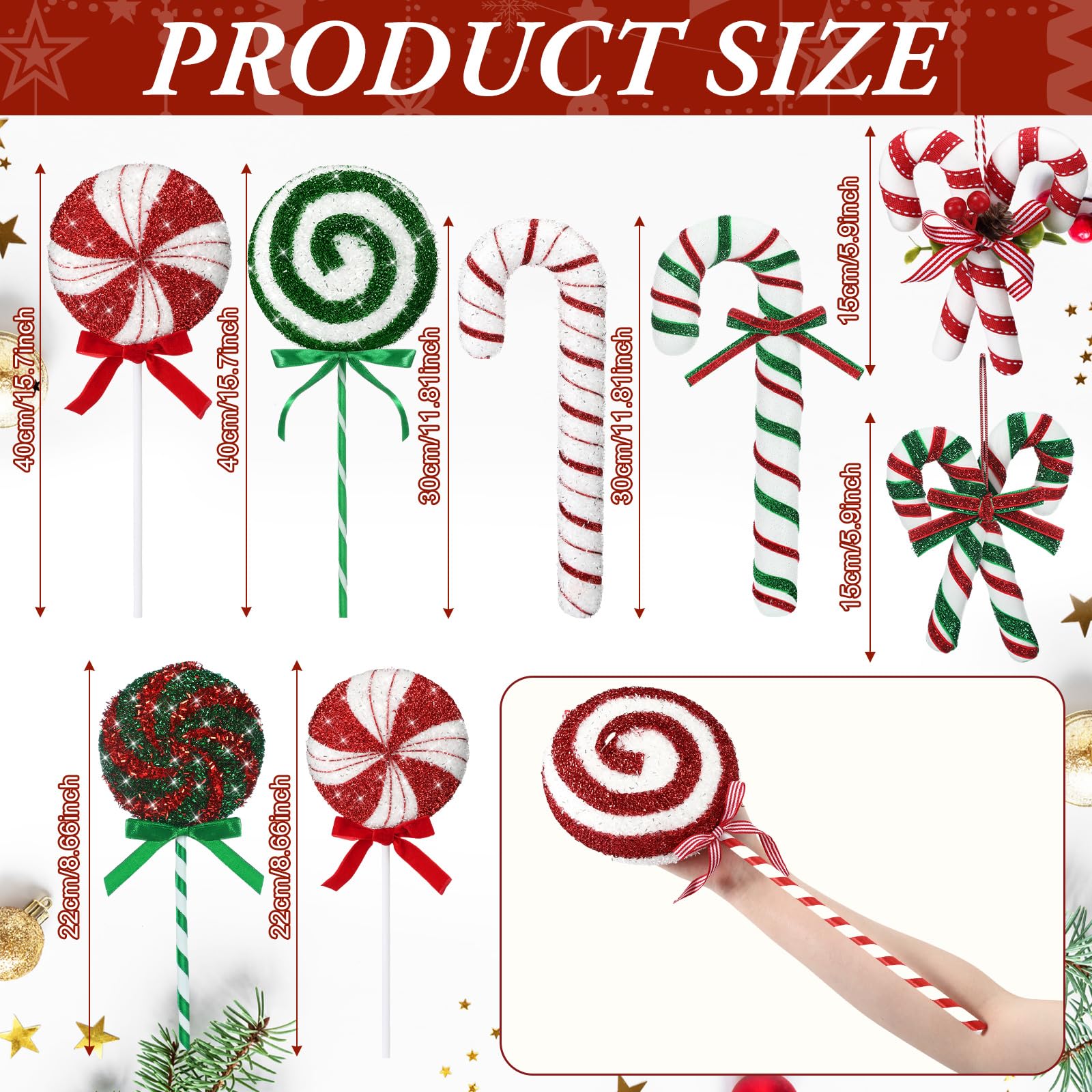 Vercraft 8 Pcs Assorted 16'' Giant Candy Cane Ornaments Red and Green White Large Lollipop Decoration 4 Mixed Sizes Lollipop Chr
