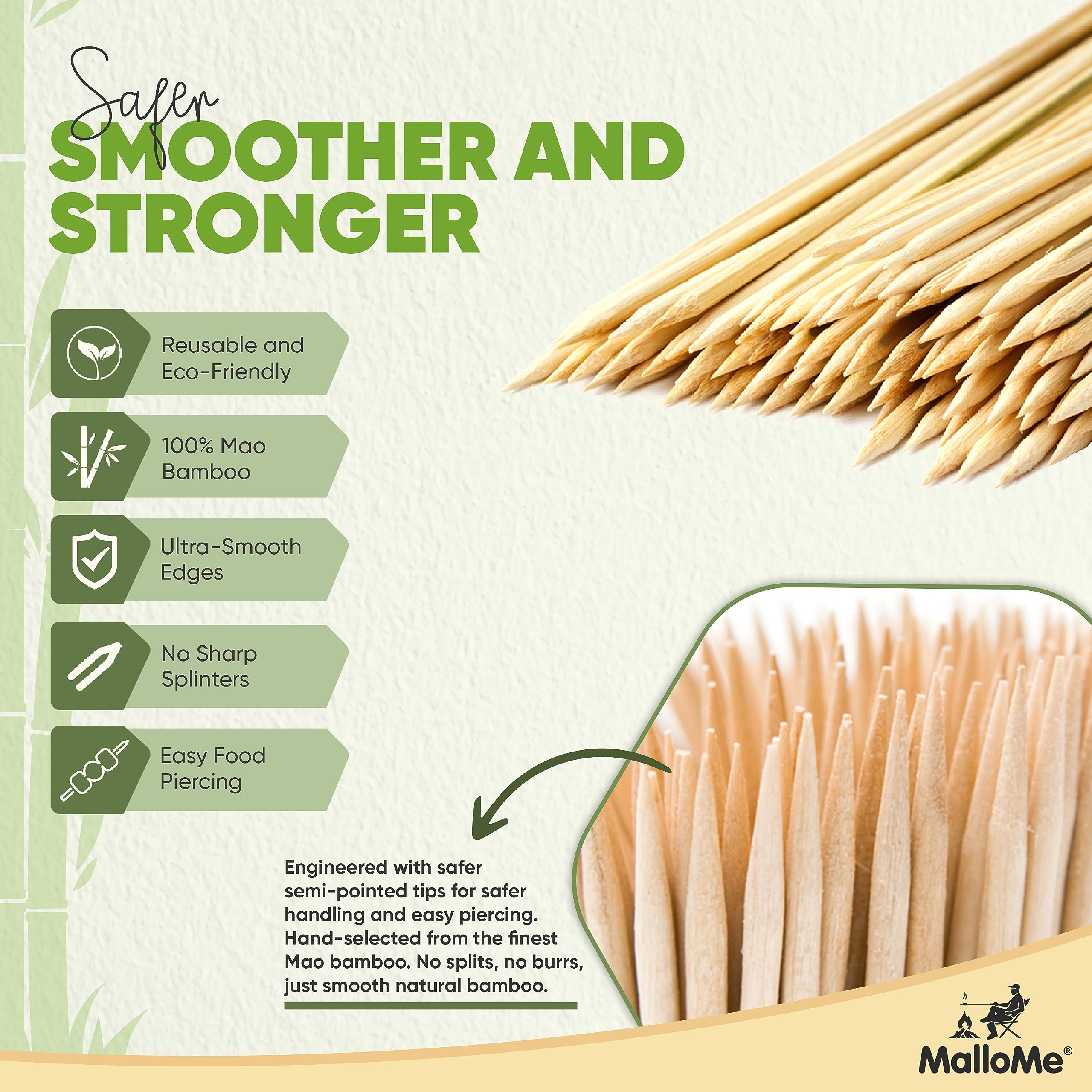 Mallome Bamboo Skewers 6 Inch 100 Pack Smores Sticks - 4Mm Thick Wooden Skewers For Appetizers- Wood Bamboo Sticks For Crafts -