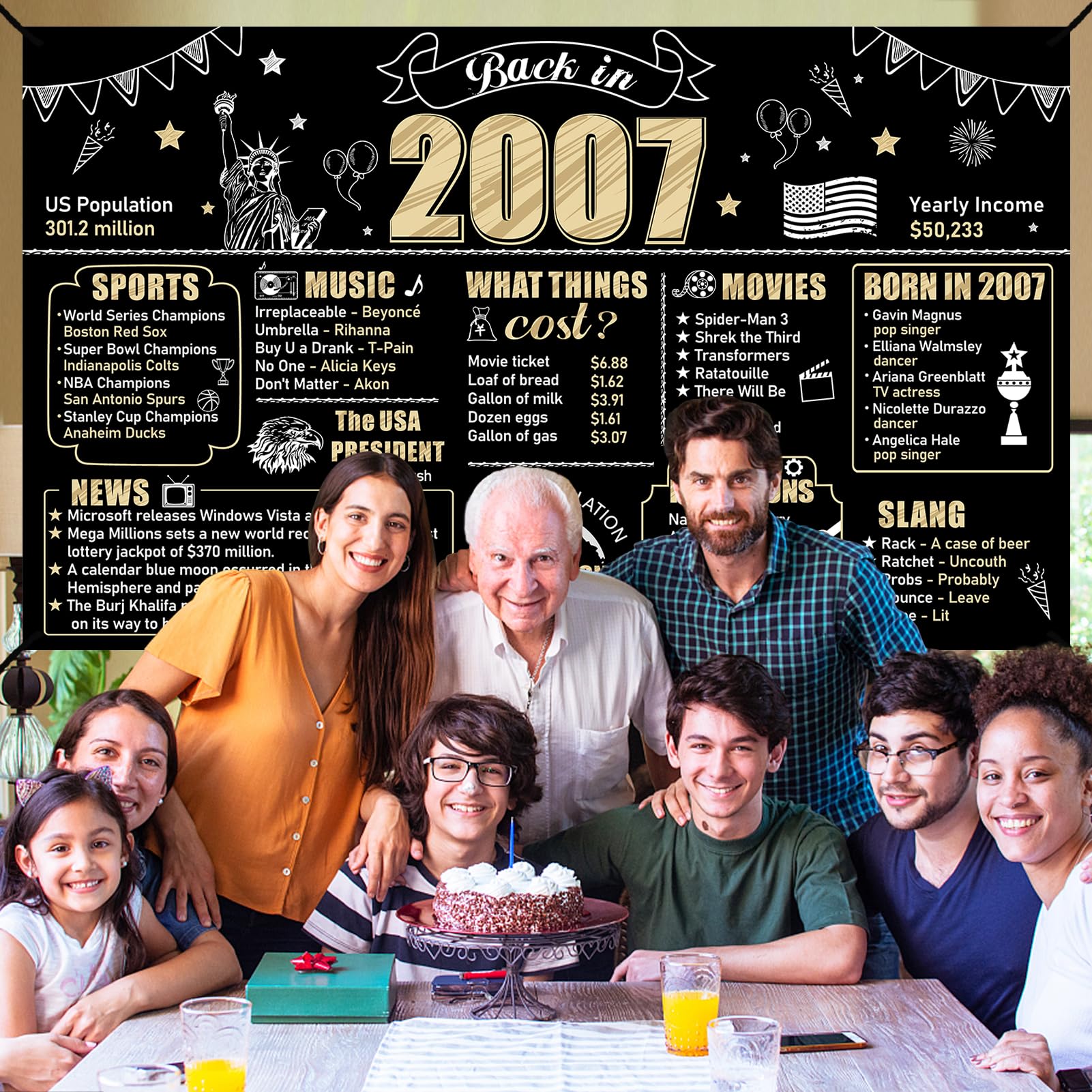 Large 18th Birthday Back in 2007 Banner Backdrop Decorations for Boys Girls, Black Gold 18 Birthday Poster Sign Party Supplies,