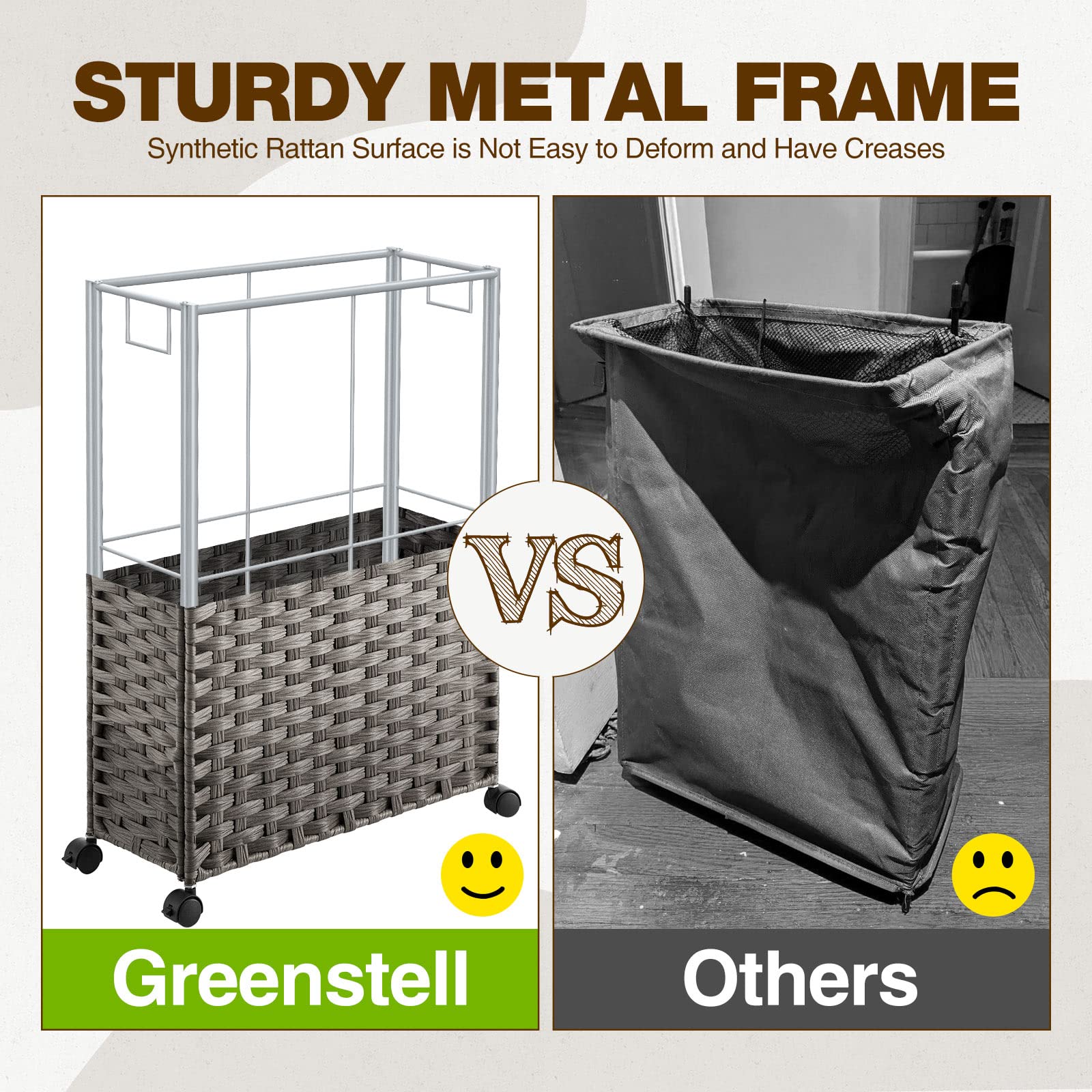 Greenstell Laundry Hamper with Wheels  50L Slim Laundry Basket with 2 Removable Liner Bags & 2 Mesh Bags  Narrow Dirty Clothes Basket  Handwoven Synthetic Rattan Organizer in Bathroom  Bedroom  Grey