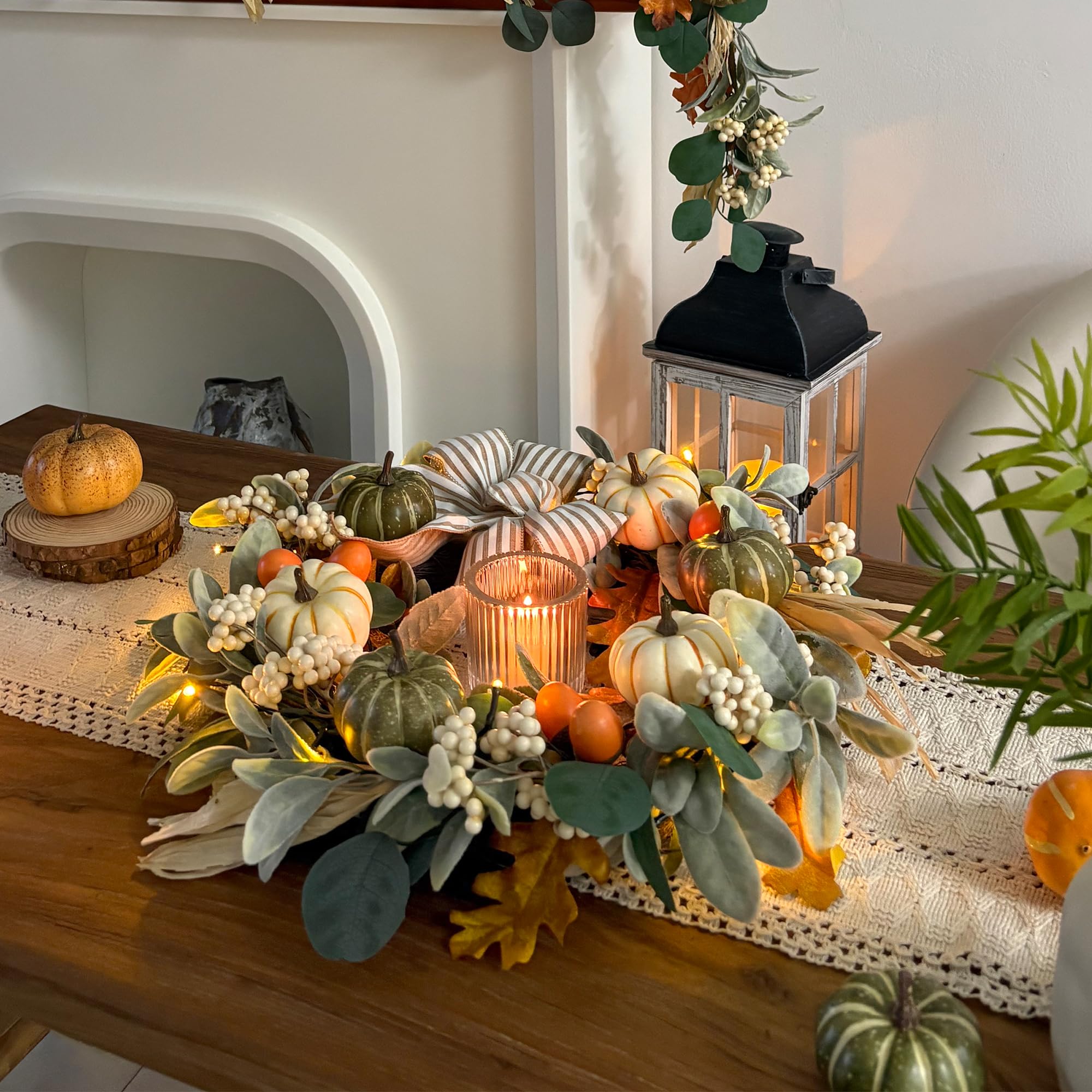 20'' Fall Wreath with Lights, Eucalyptus Pumpkins Autumn Wreaths for Front Door, Fall Decor, Porch Wall, Home Outdoor Holiday De