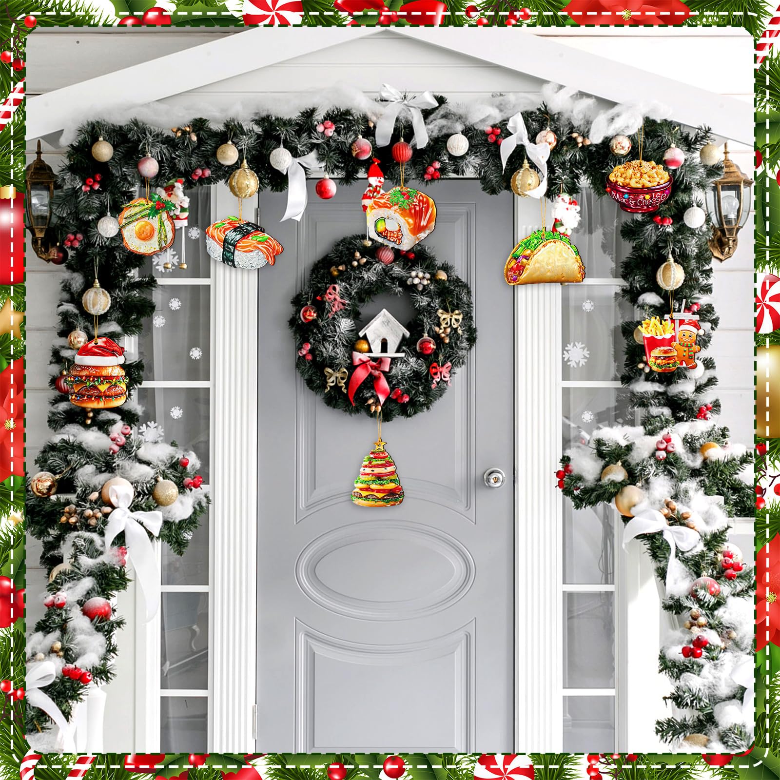 Vercraft 20 Pcs Food Christmas Ornaments with Santa Hat Flat Wooden Kitchen Cuisine Cutouts Burgers Pizza Sushi Tree Ornaments w