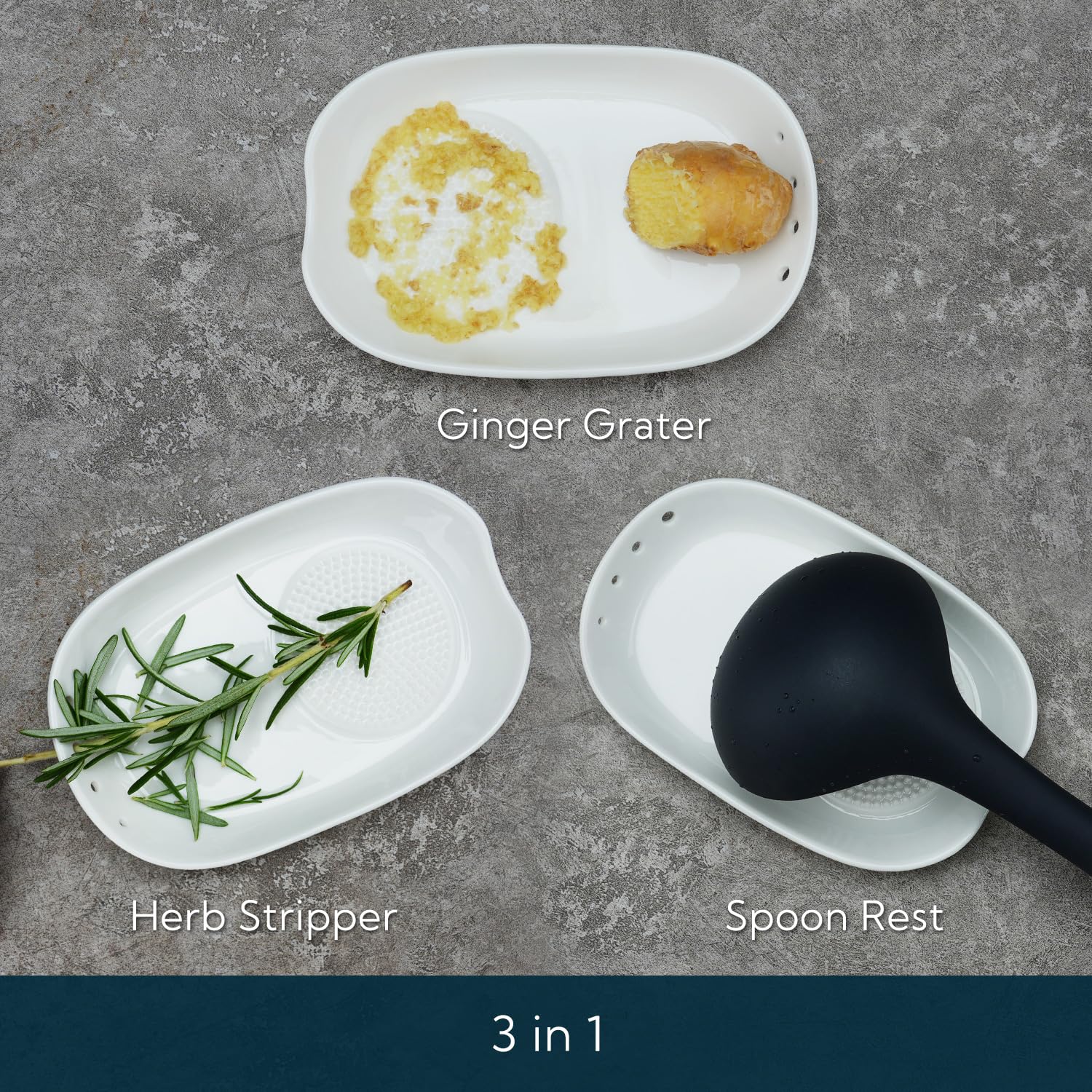 Kitchendao 3 In 1 Porcelain Ginger Grater Tool Spoon Rest Herb Stripper, 11X16.5Cm For Kitchen, Japanese Ceramic Garlic Grinding
