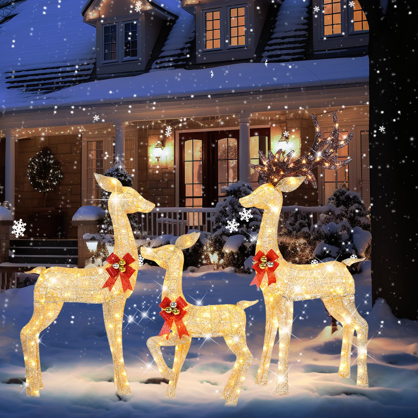 3-Piece 5Ft Lighted Christmas Deer Family Set, 3D Outdoor Christmas Decorations Yard with 280 Warm White LED Lights for Outdoor 