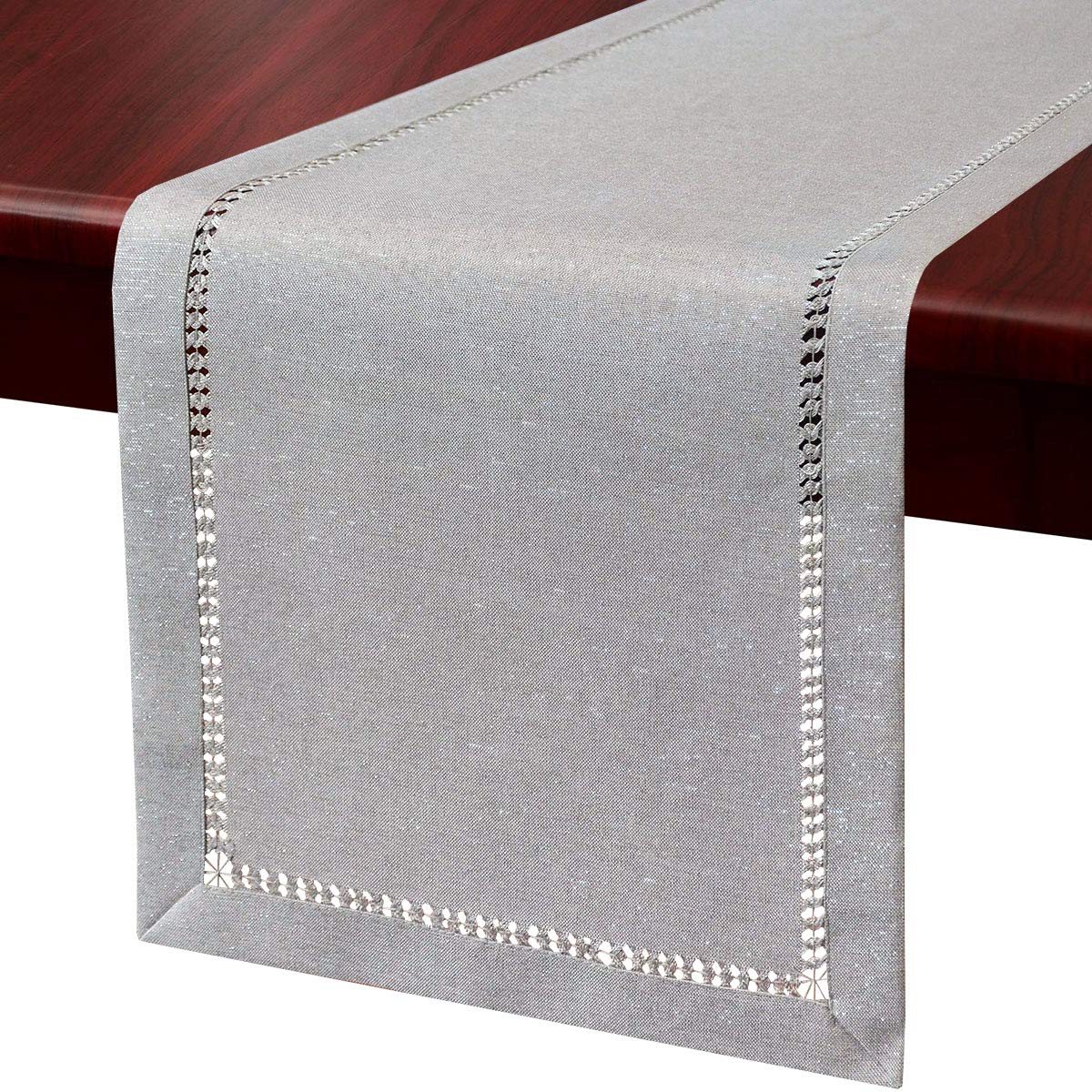 Grelucgo Hand Hemstitched Dining Table Runner Dresser Scarves, Sliver Thread Interweaving (Light Gray, 14 X 72 Table Runners)