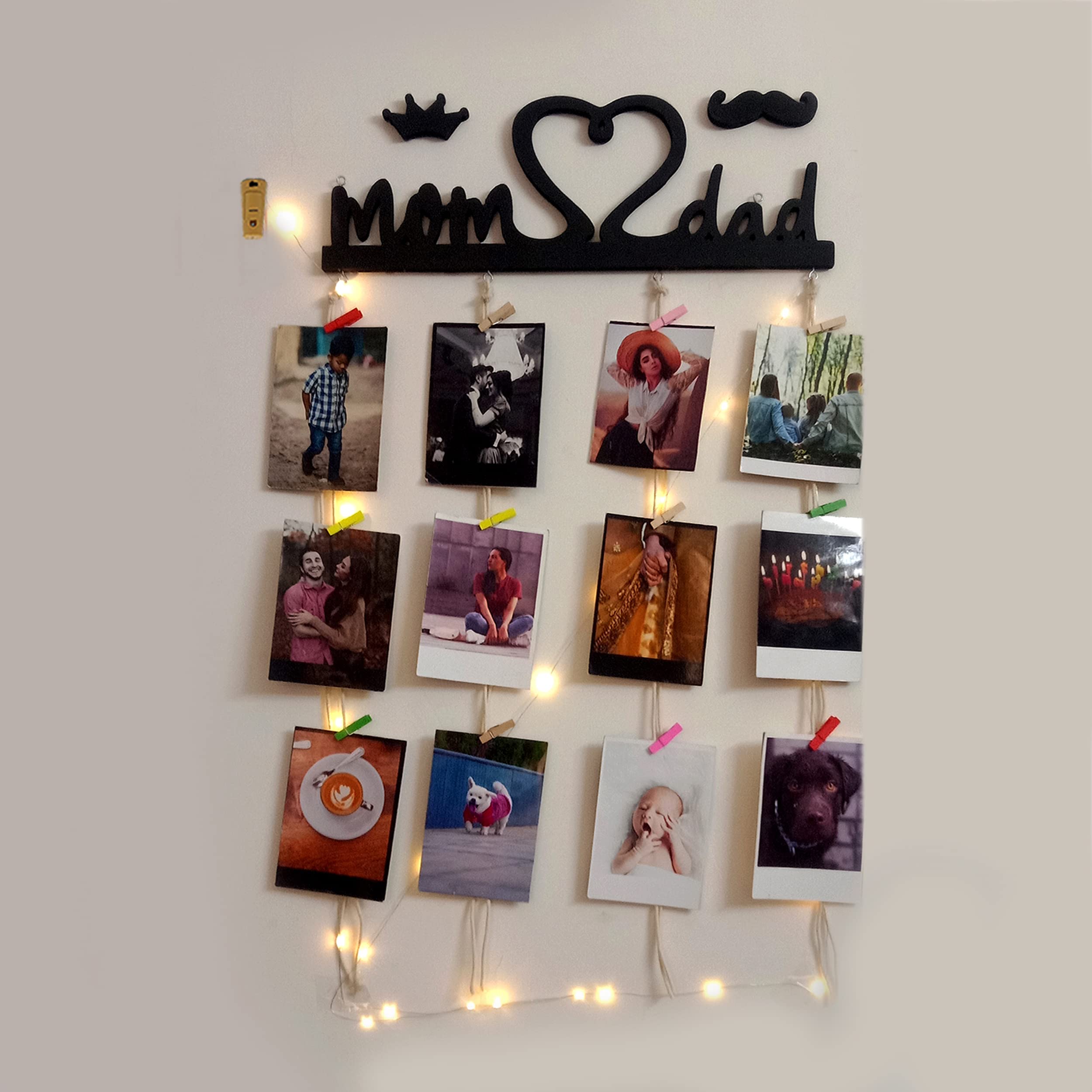 Vah Wooden Photo Frame With Led Light - Display Picture Collage Organizer With Clips (Mom And Dad With Light)