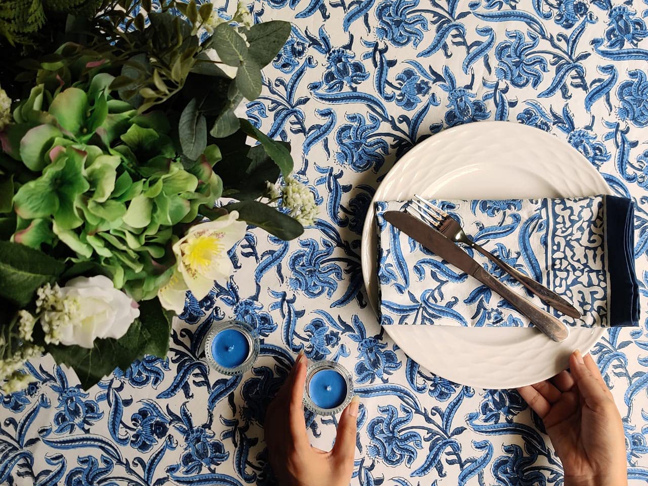 ATOSII Midnight Bloom 100% Cotton Fall Tablecloth, Handblock Print Blue Square Table Cloth for Kitchen Dining Table Linen I Part